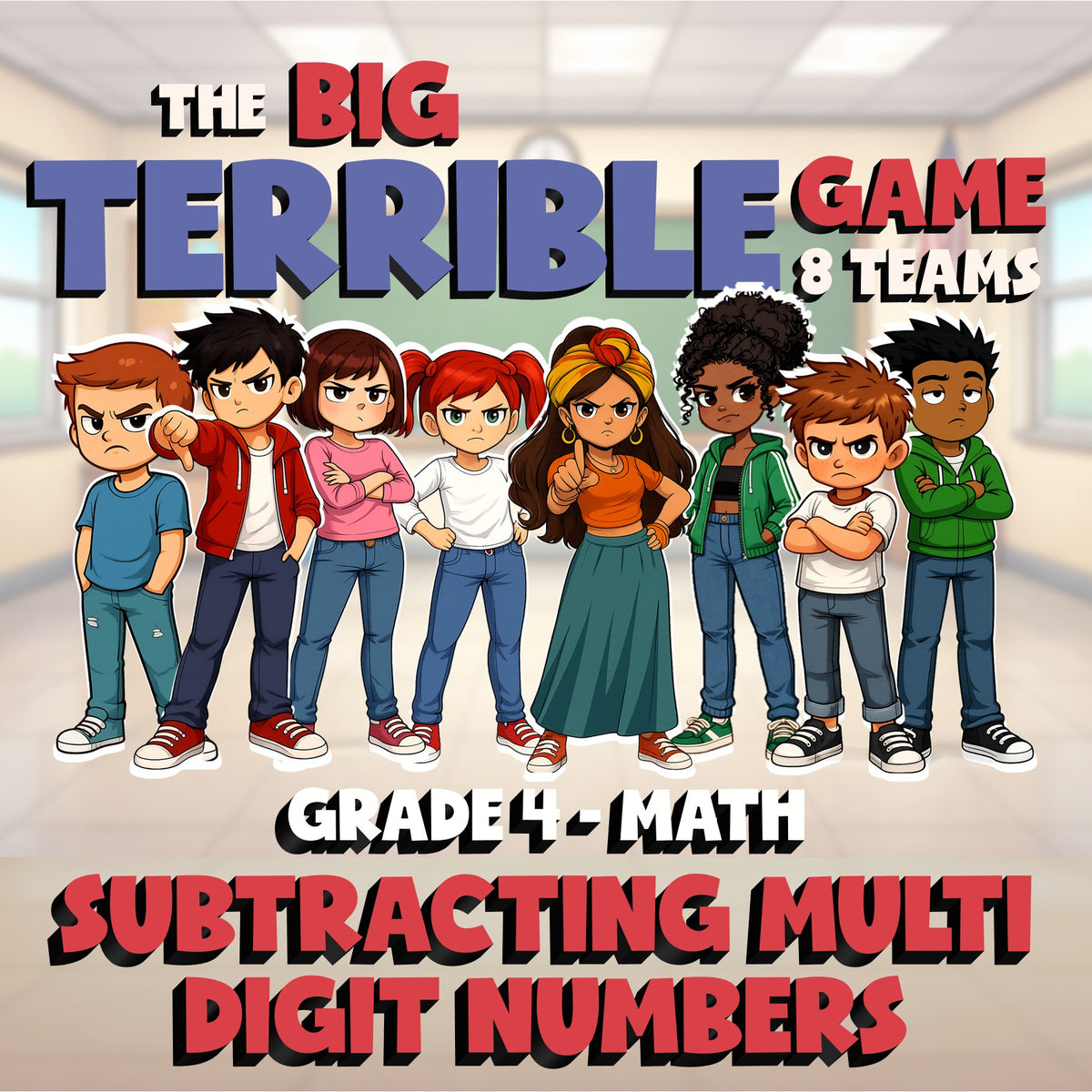 Subtracting Multi Digit Numbers BIG TERRIBLE GAME - No Prep Grade 4 Math Review