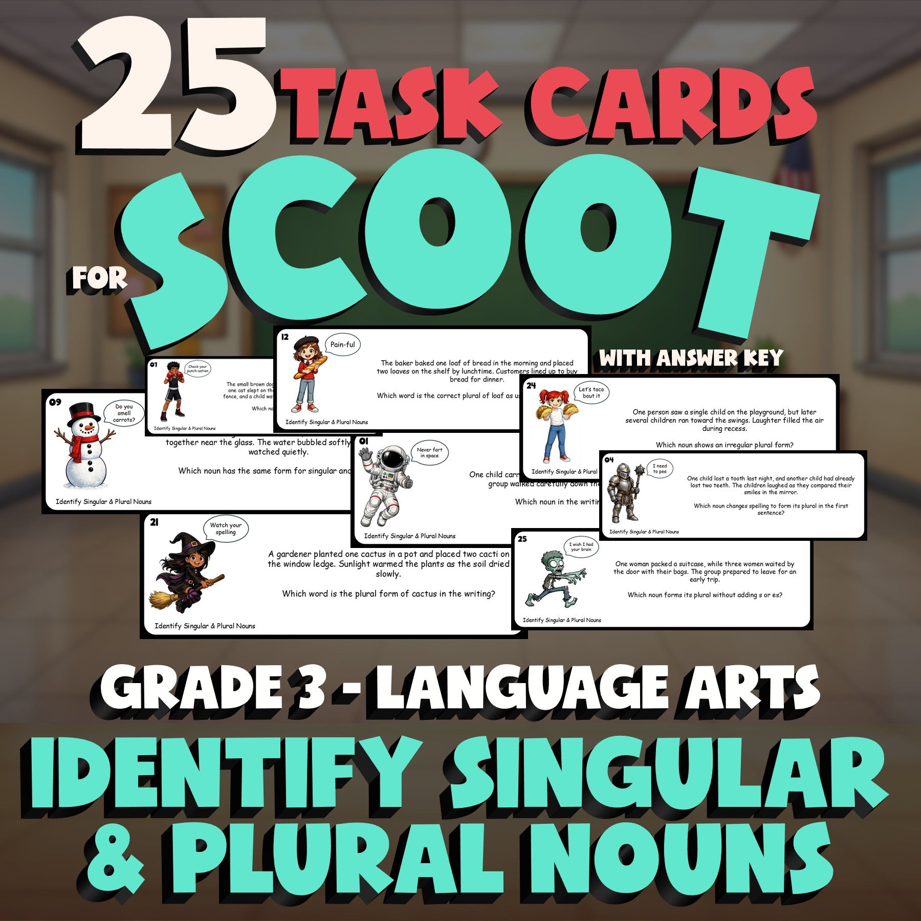 Identify Singular & Plural Nouns SCOOT TASK CARDS ELA Game - No Prep Grade 3