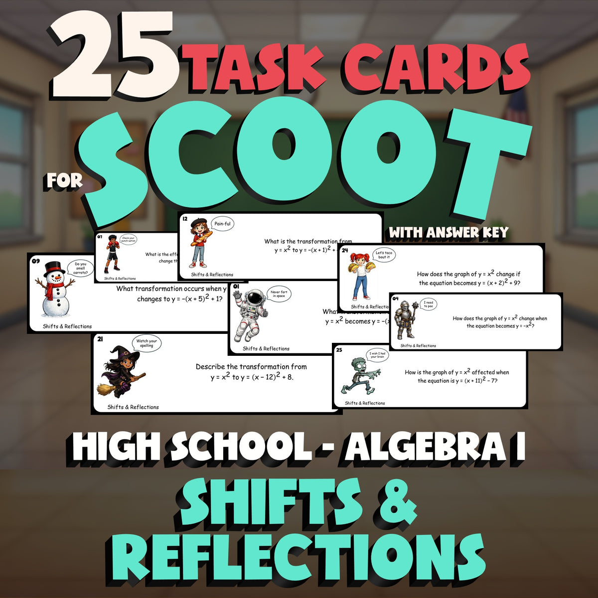 Shifts & Reflections SCOOT TASK CARDS Math Game - No Prep Algebra 1 Review
