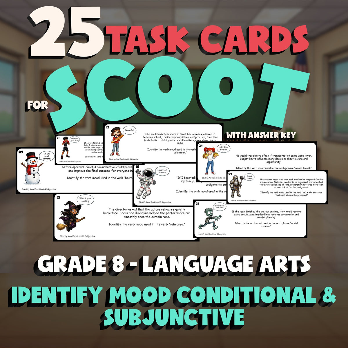 Identify Mood Conditional & Subjunctive SCOOT TASK CARDS ELA Game - Grade 8