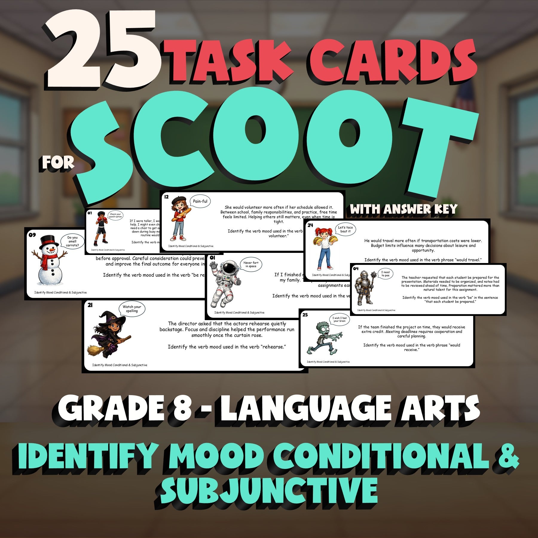Identify Mood Conditional & Subjunctive SCOOT TASK CARDS ELA Game - Grade 8