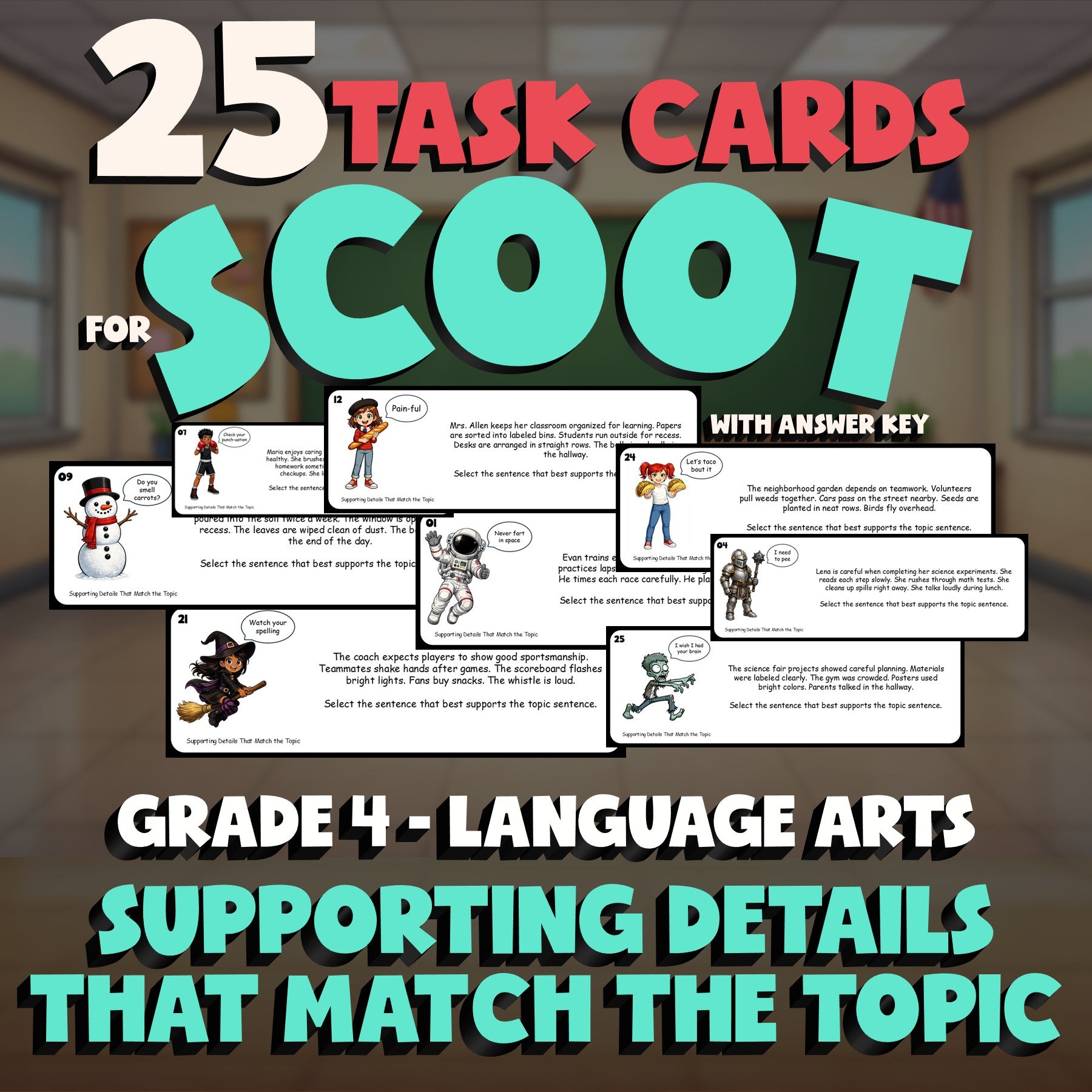 Supporting Details That Match the Topic SCOOT TASK CARDS ELA Game - Grade 4