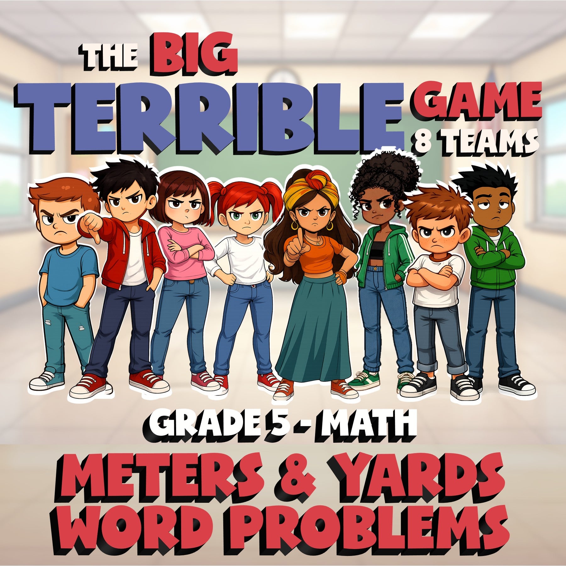 Meters & Yards Word Problems BIG TERRIBLE GAME - No Prep Grade 5 Math Review