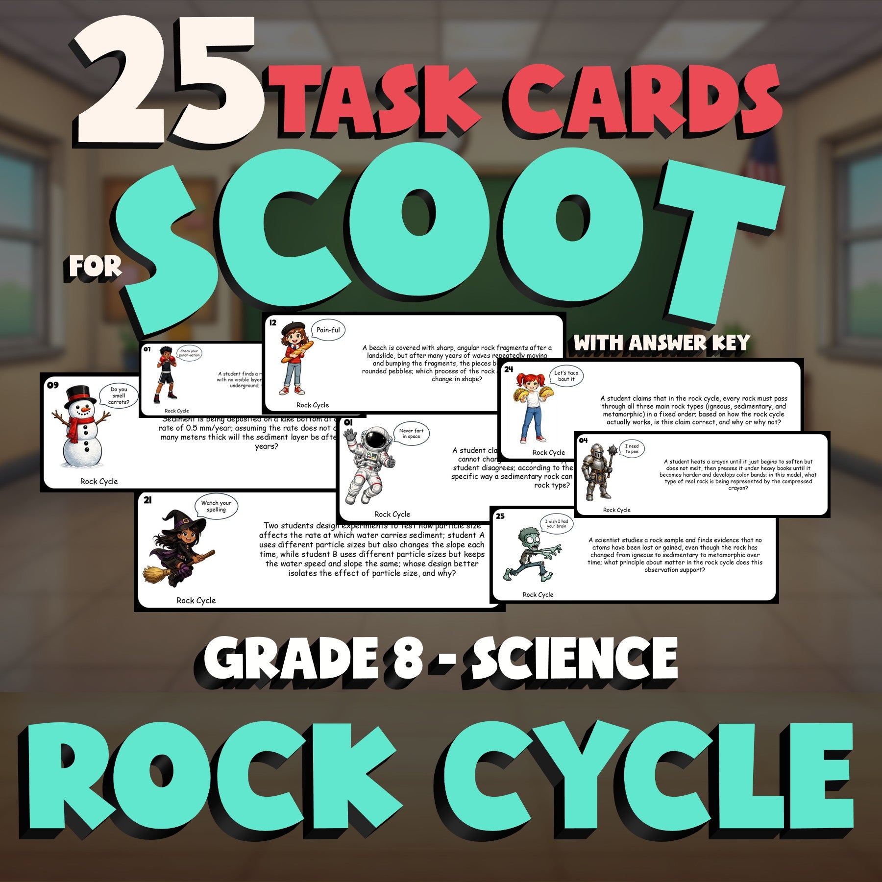 Rock Cycle SCOOT TASK CARDS Science Game - No Prep Grade 8 Review Activity