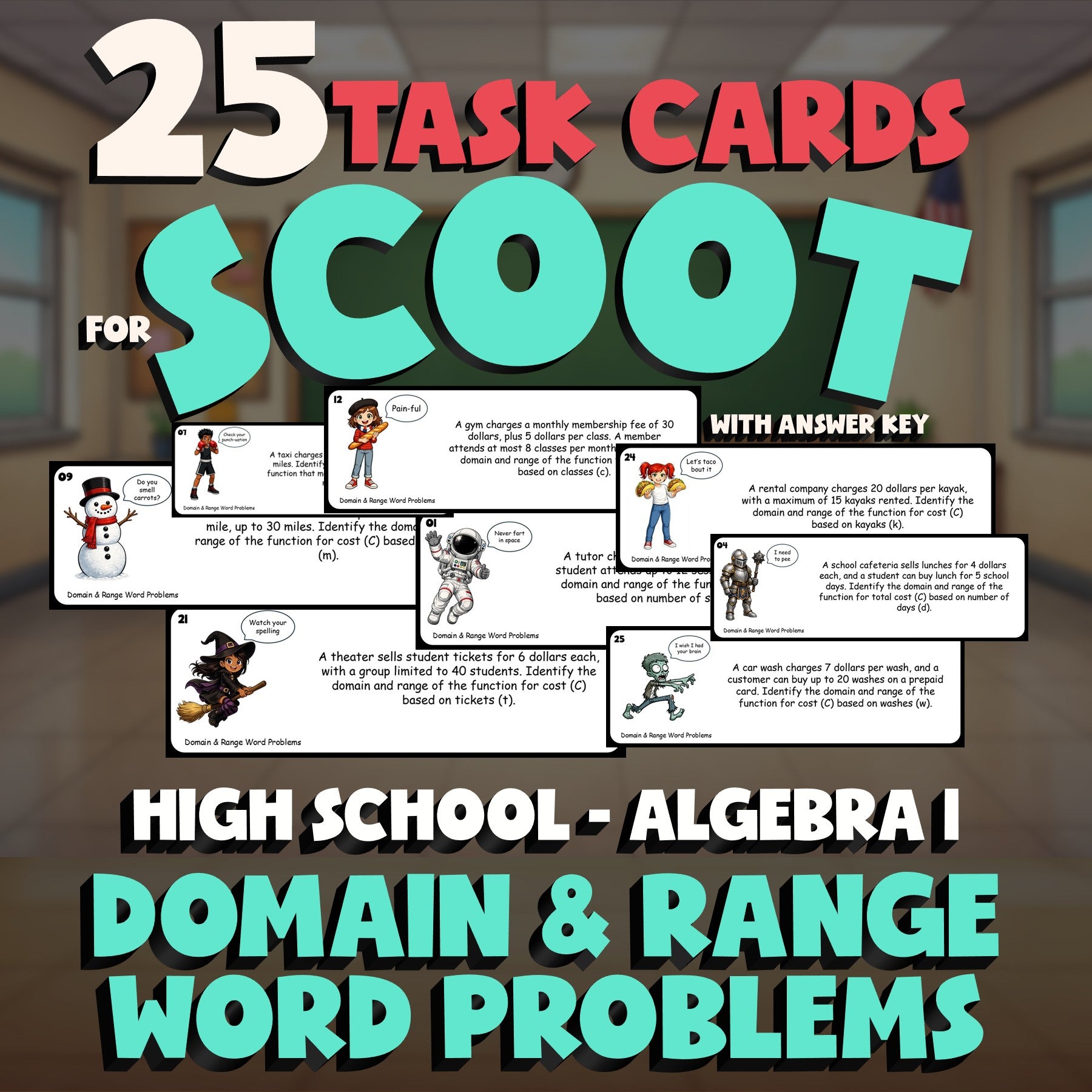Domain & Range Word Problems SCOOT TASK CARDS Math Game - No Prep Algebra 1