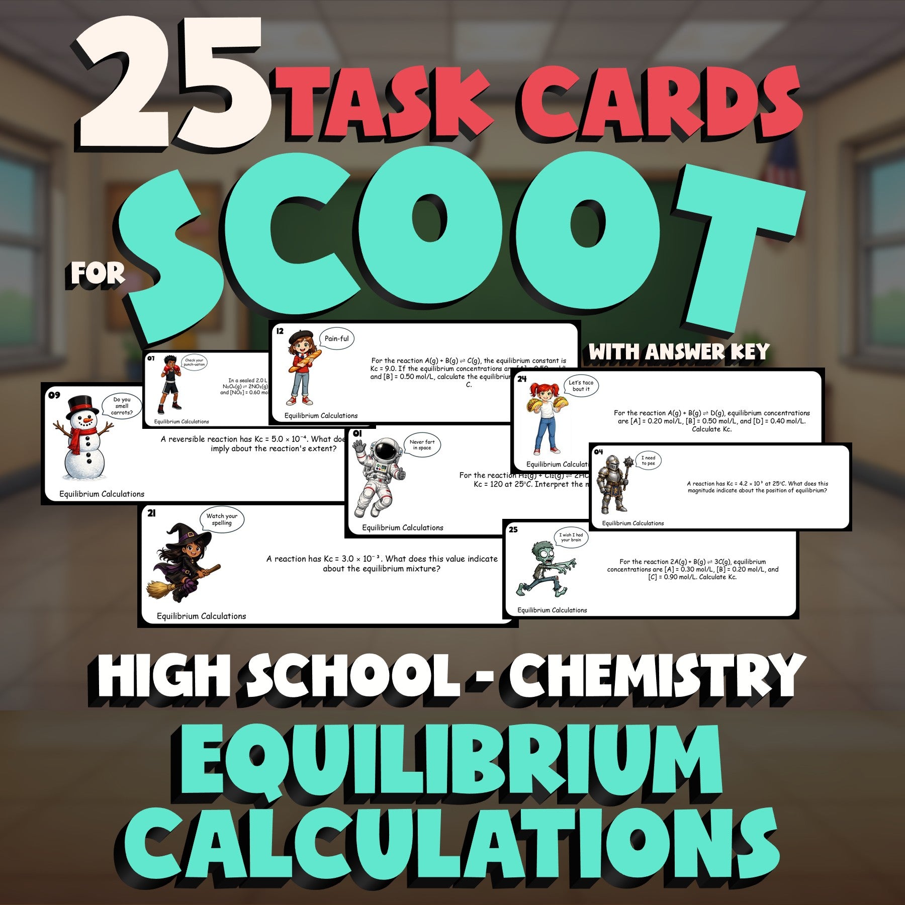 Equilibrium Calculations SCOOT TASK CARDS Science Game - No Prep Chemistry
