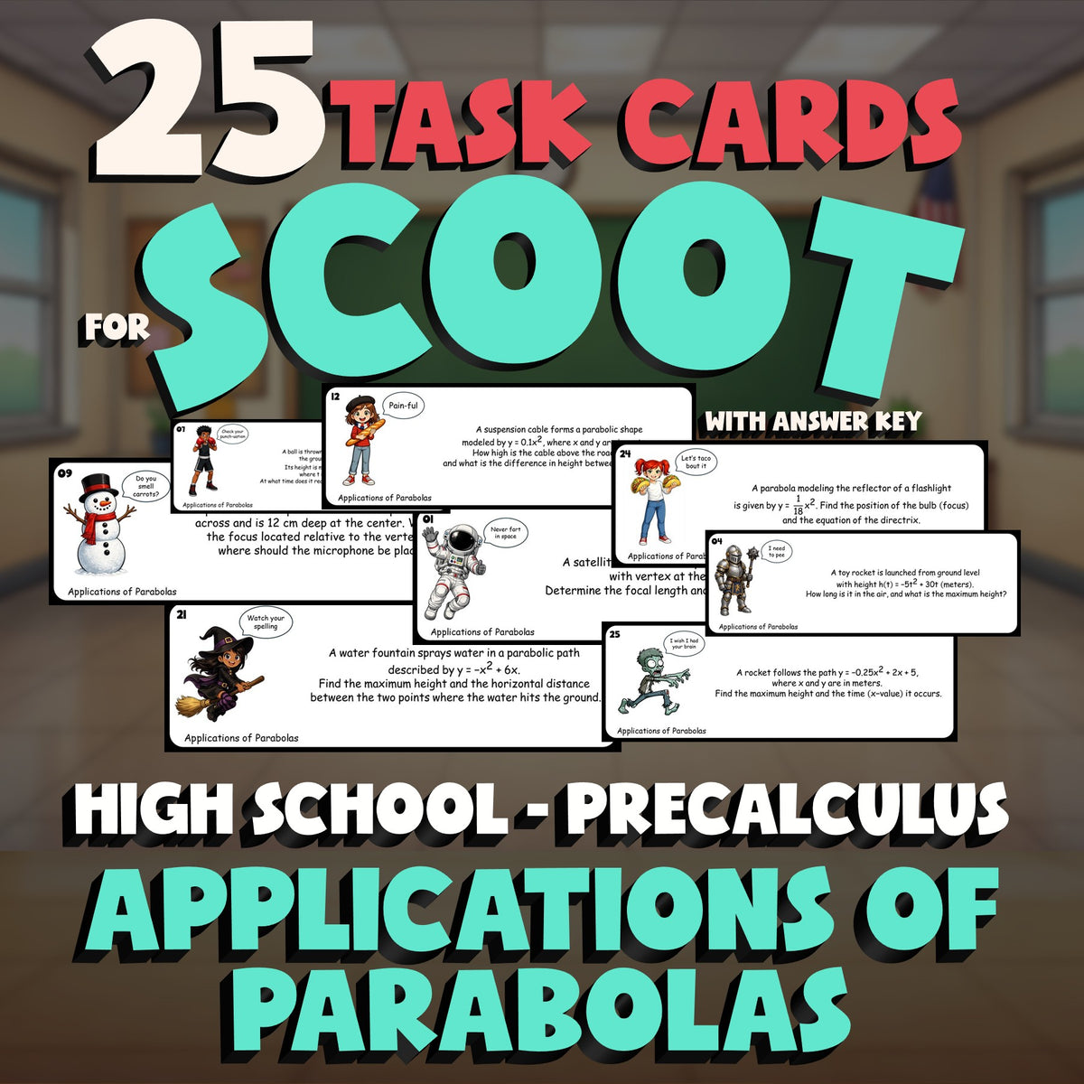 Applications of Parabolas SCOOT TASK CARDS Math Game - No Prep PreCalculus