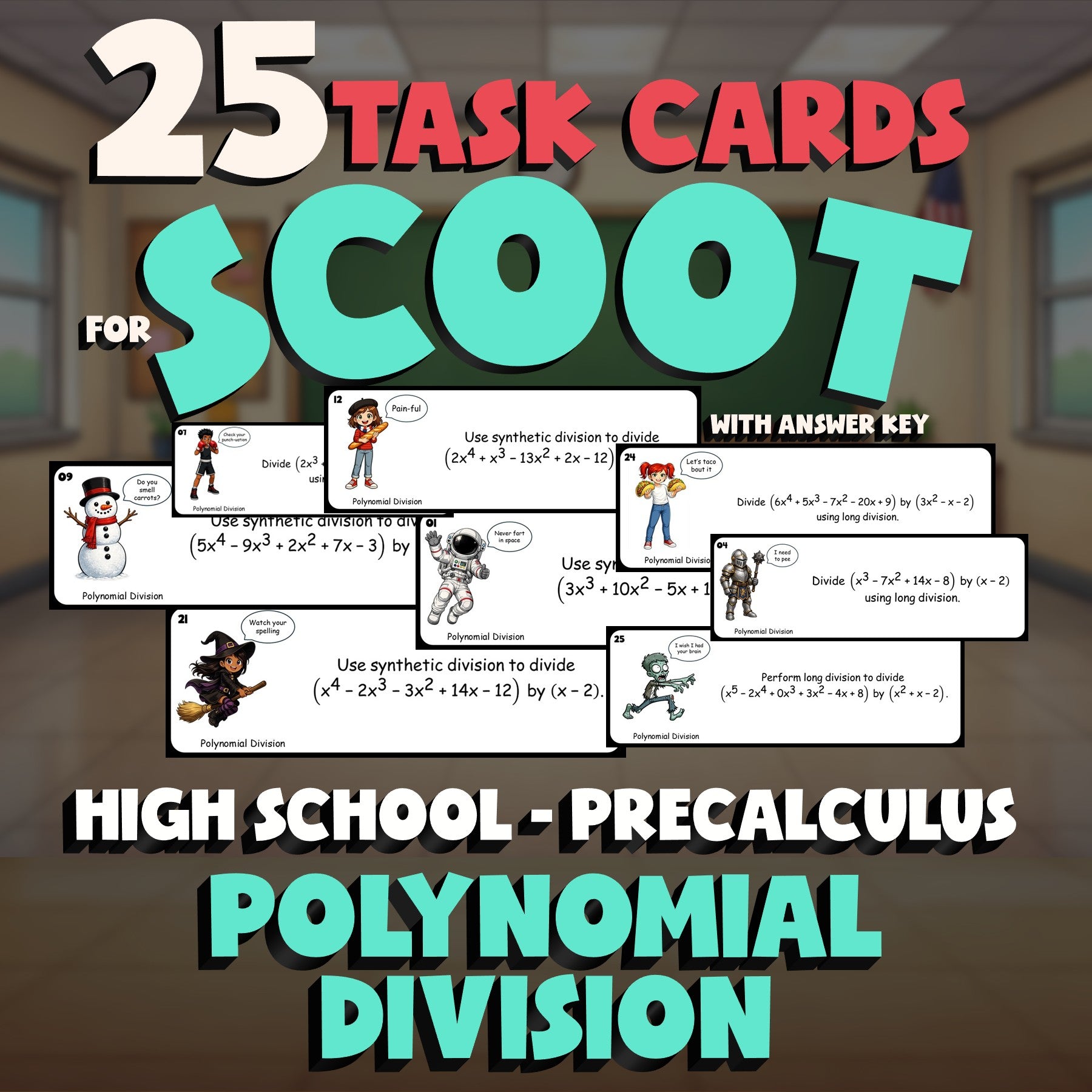 Polynomial Division SCOOT TASK CARDS Math Game - No Prep PreCalculus Review
