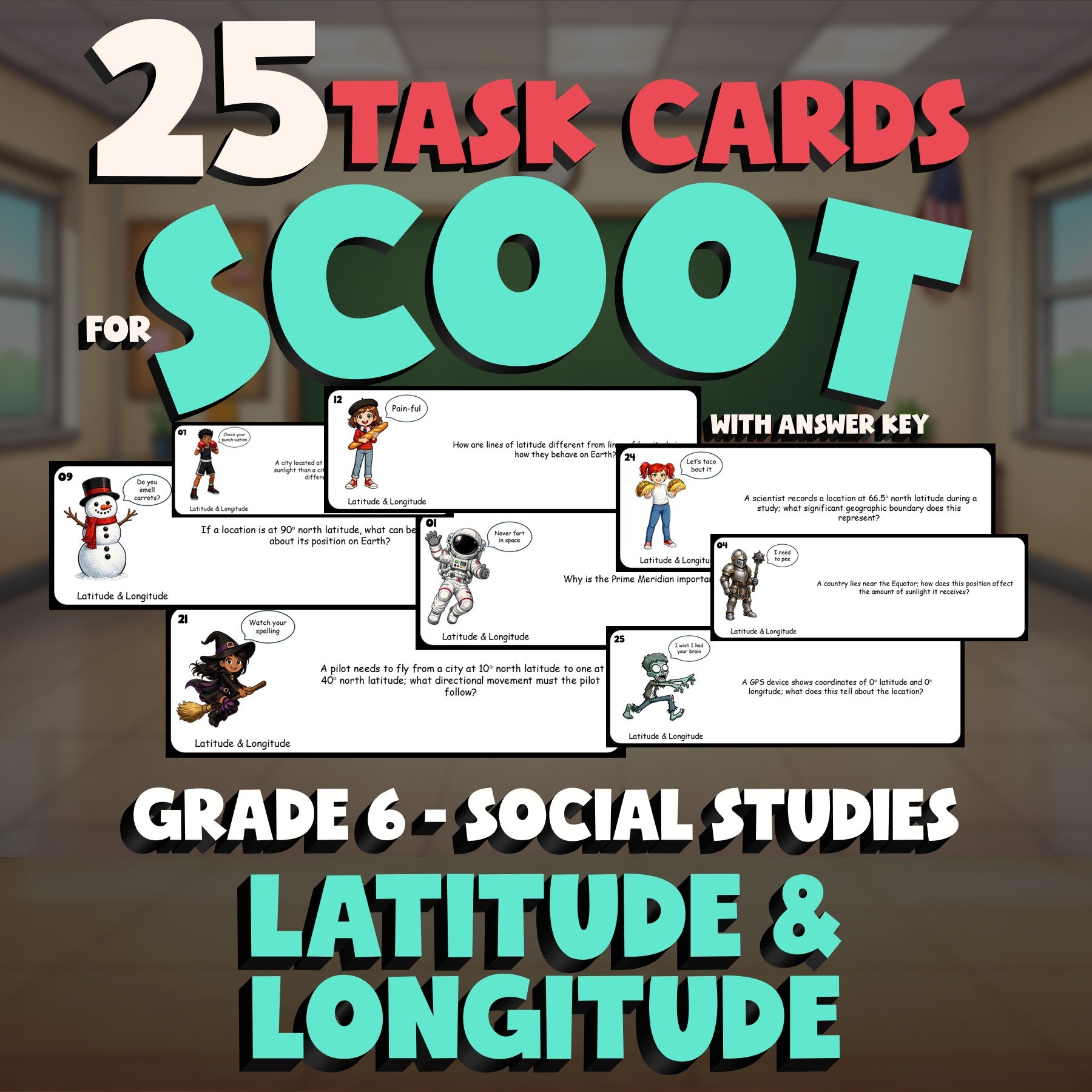 Latitude & Longitude SCOOT TASK CARDS Socials Game - No Prep Grade 6 Review