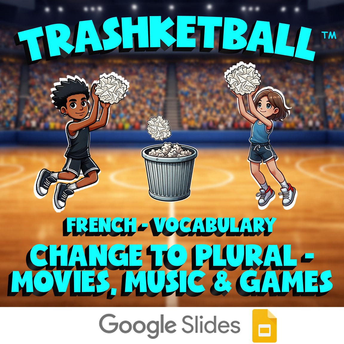 Change to Plural - Movies, Music & Games TRASHKETBALL French Game - No Prep