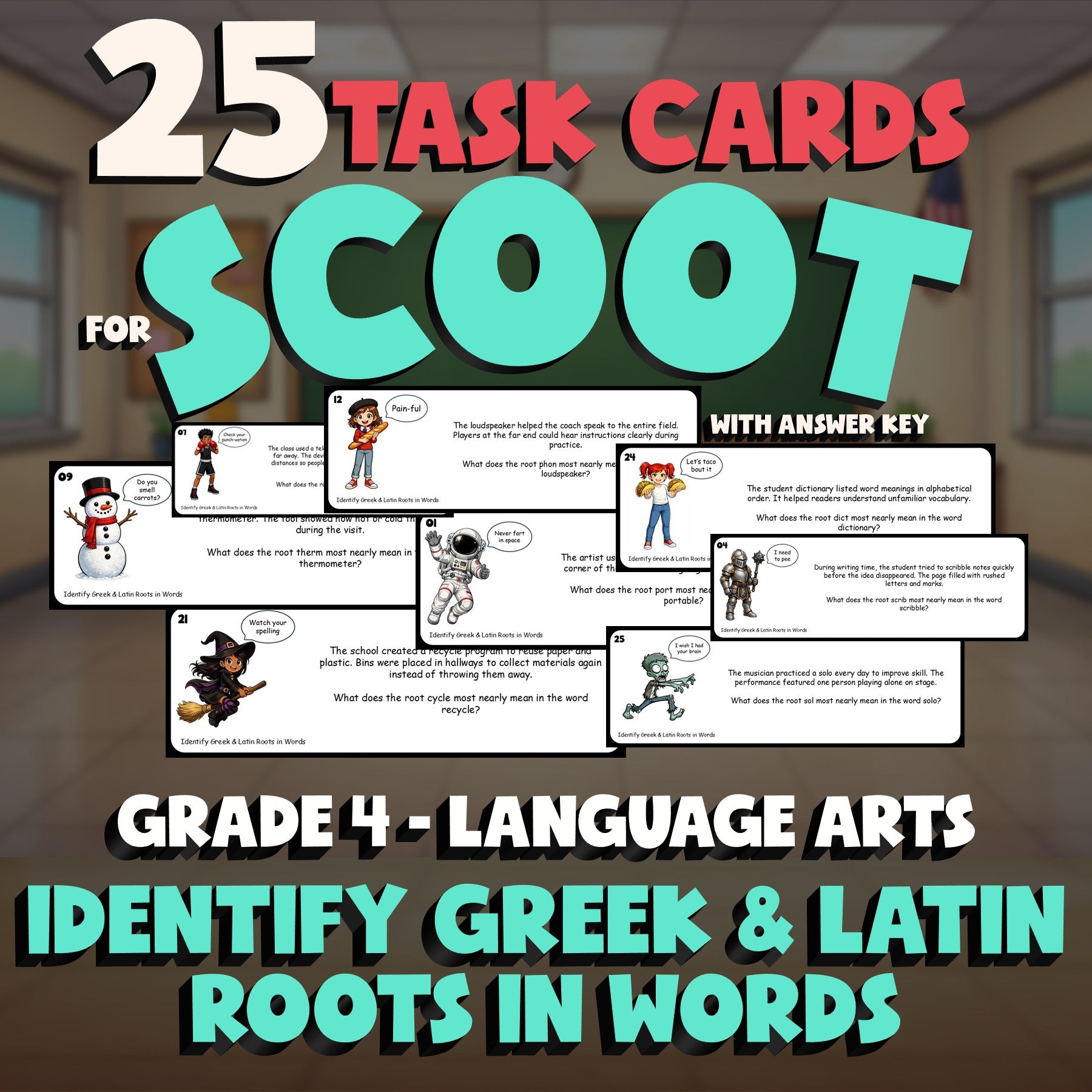 Identify Greek & Latin Roots in Words SCOOT TASK CARDS ELA Game - Grade 4