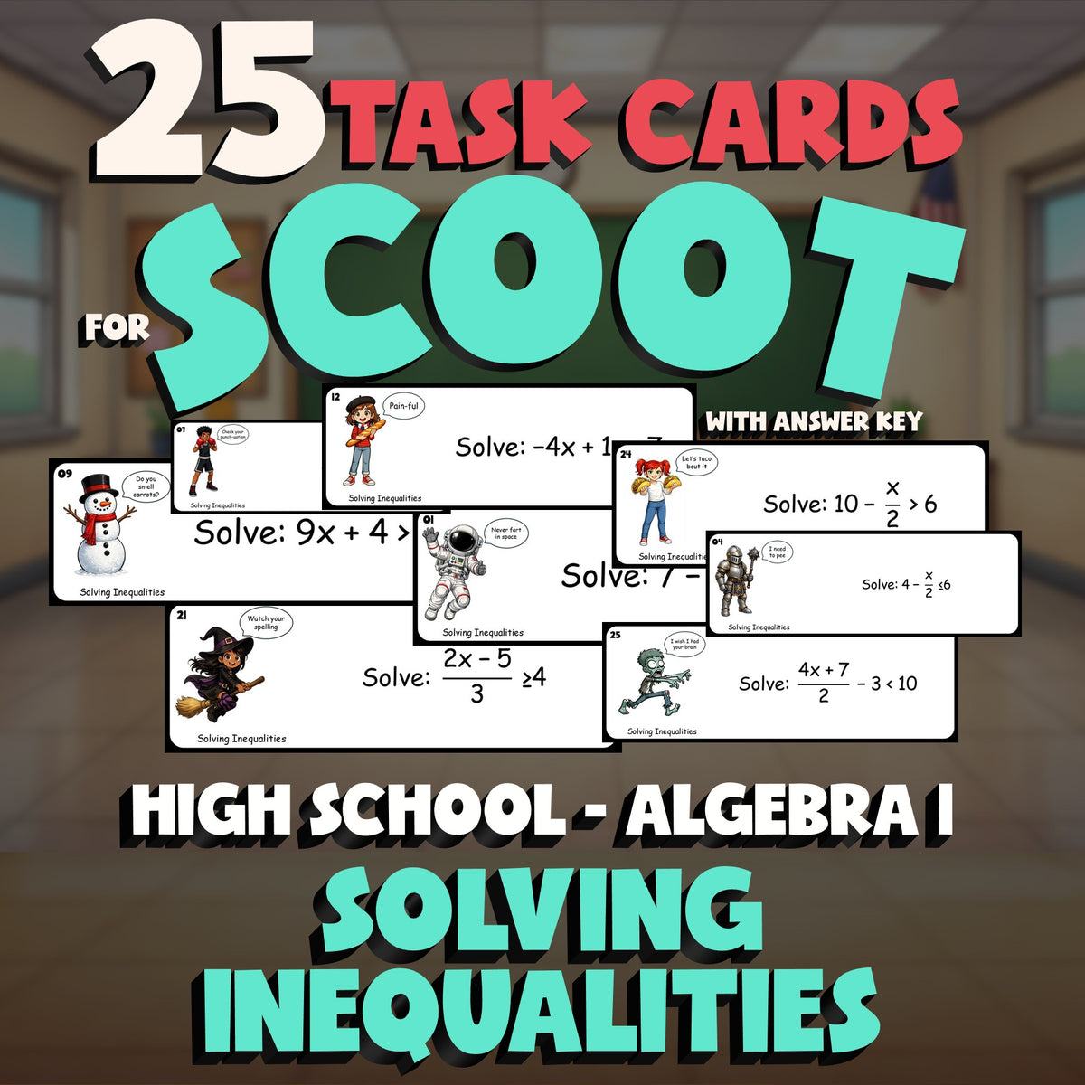 Solving Inequalities SCOOT TASK CARDS Math Game - No Prep Algebra 1 Review
