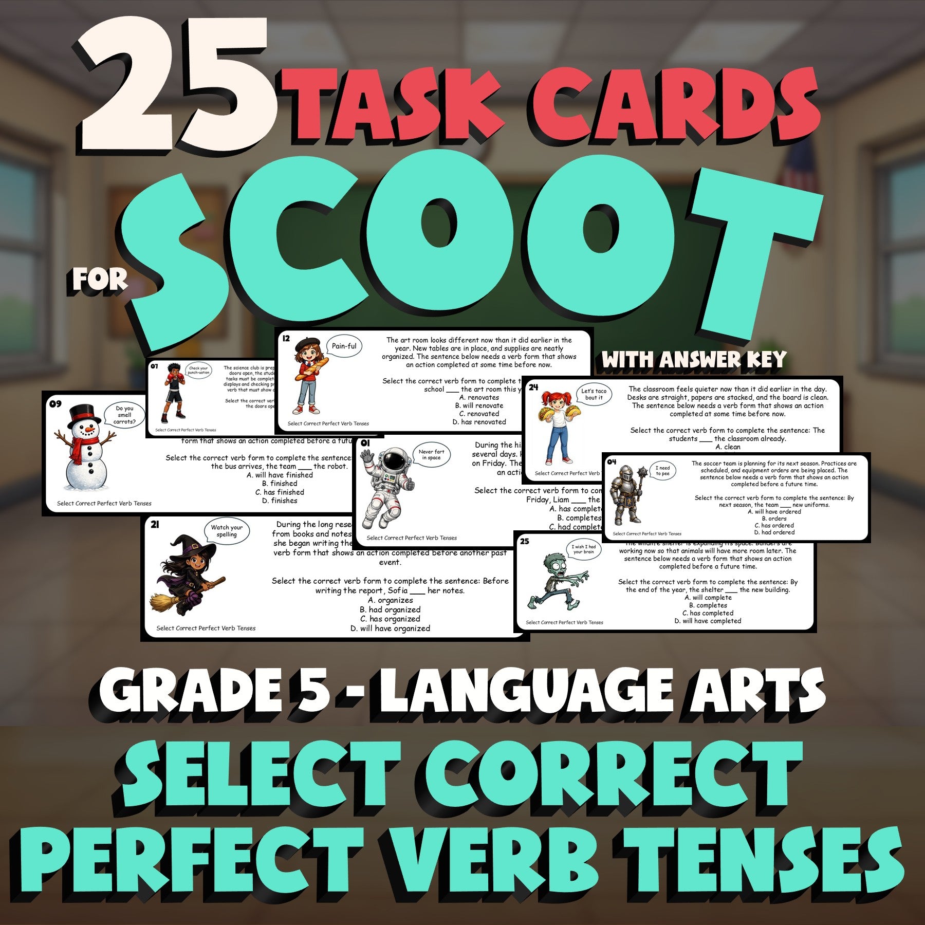 Select Correct Perfect Verb Tenses SCOOT TASK CARDS ELA Game - No Prep Grade 5
