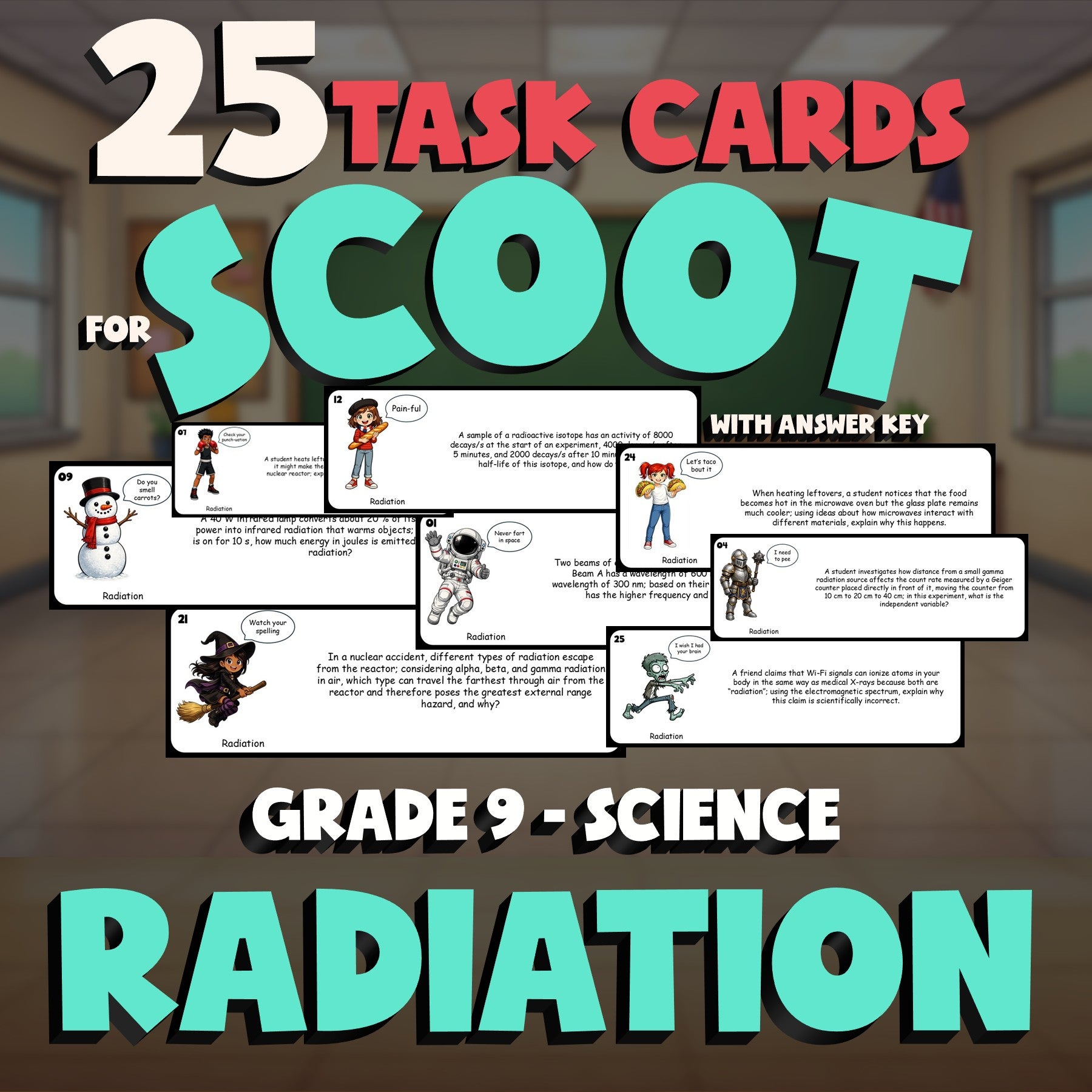 Radiation SCOOT TASK CARDS Science Game - No Prep Grade 9 Review Activity