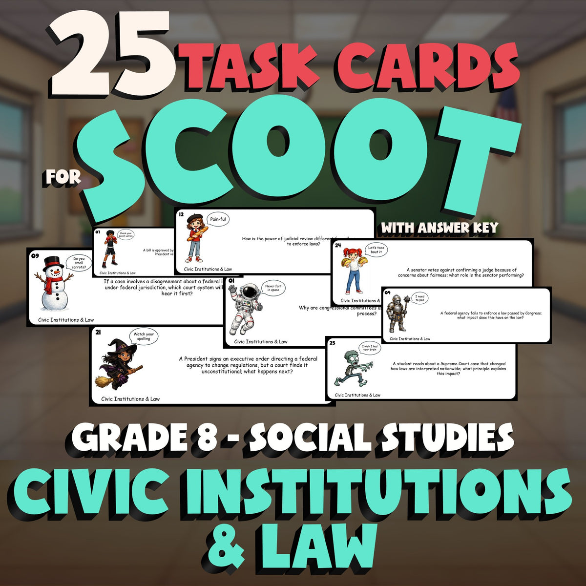 Civic Institutions & Law SCOOT TASK CARDS Socials Game - No Prep Grade 8 Review