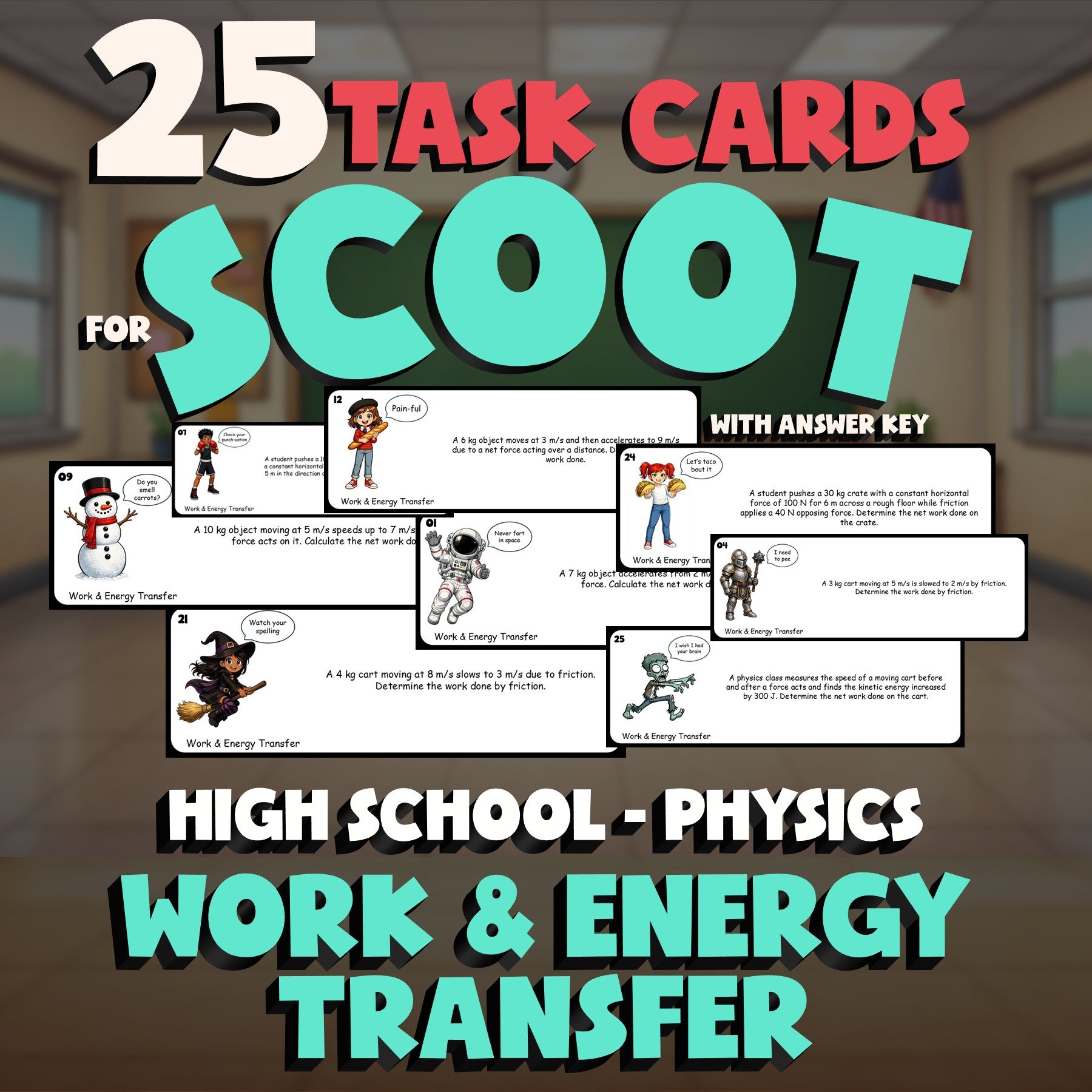 Work & Energy Transfer SCOOT TASK CARDS Science Game - No Prep Physics Review
