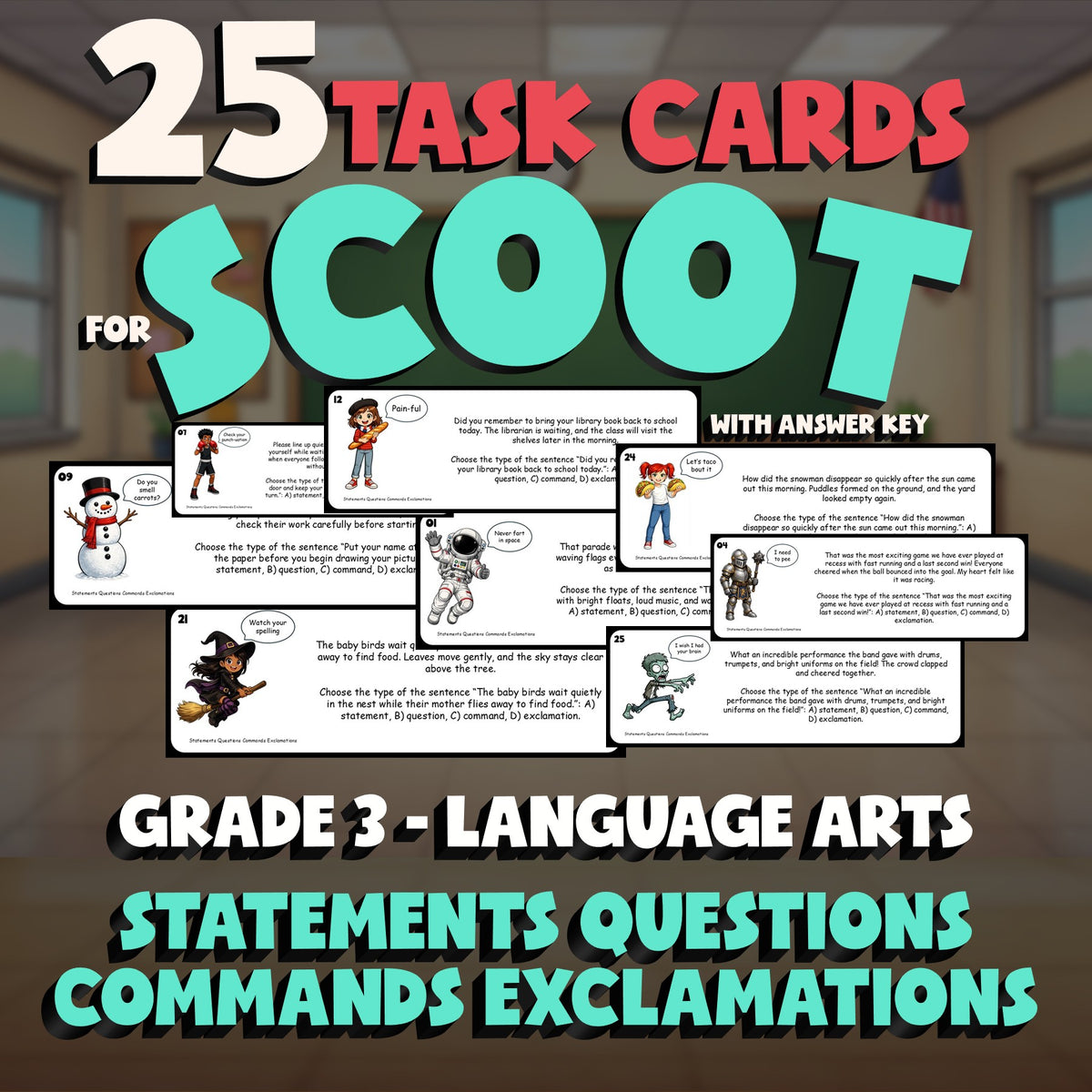 Statements Questions Commands Exclamations SCOOT TASK CARDS ELA Game - Grade 3