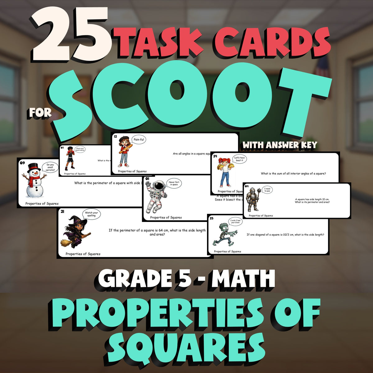 Properties of Squares SCOOT TASK CARDS Math Game - No Prep Grade 5 Review