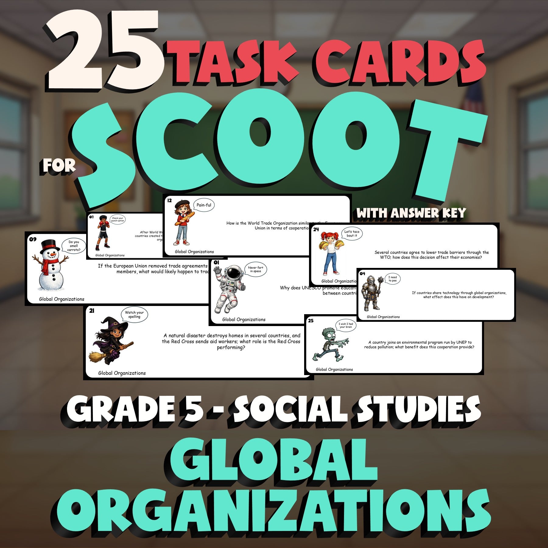 Global Organizations SCOOT TASK CARDS Socials Game - No Prep Grade 5 Review
