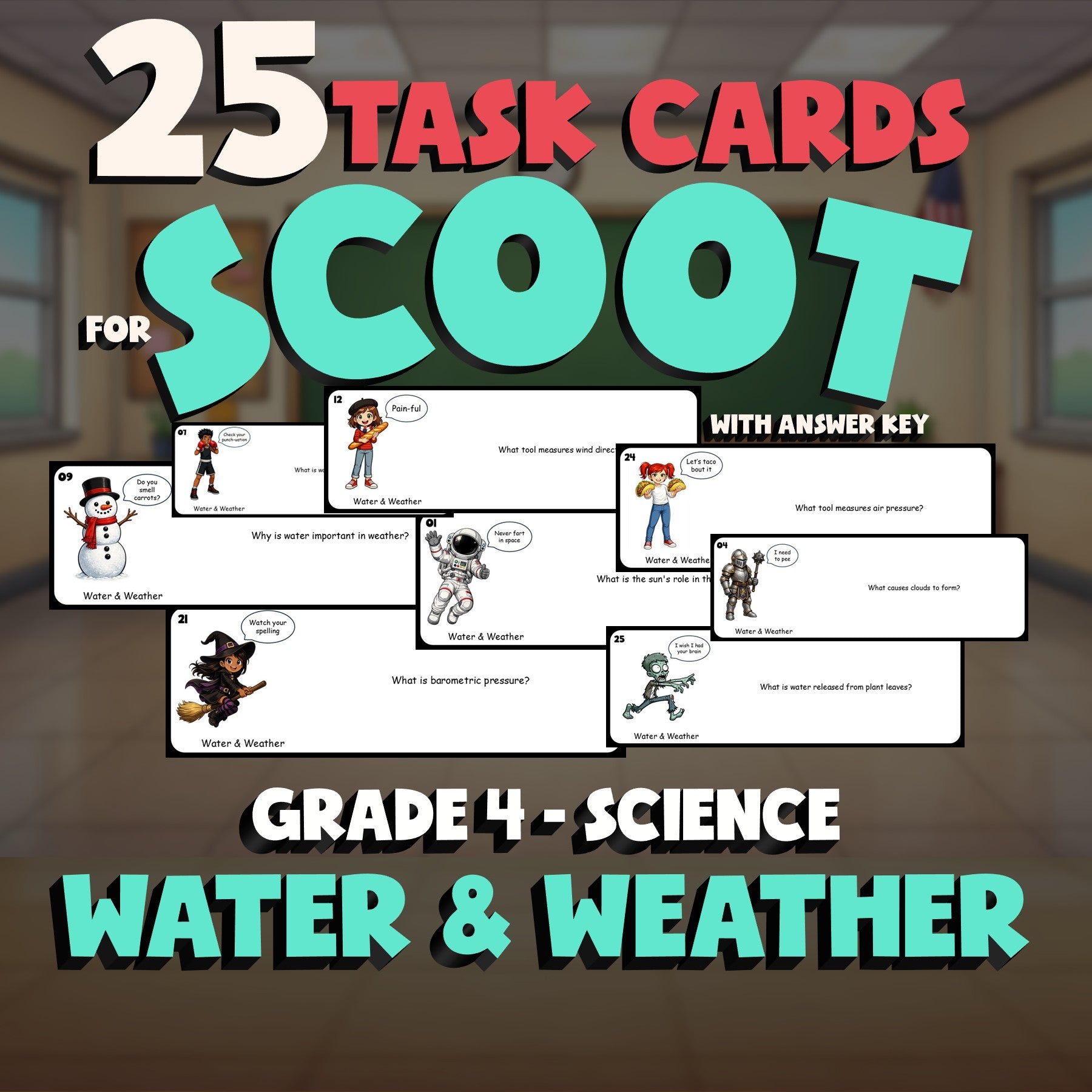 Water & Weather SCOOT TASK CARDS Science Game - No Prep Grade 4 Review Activity