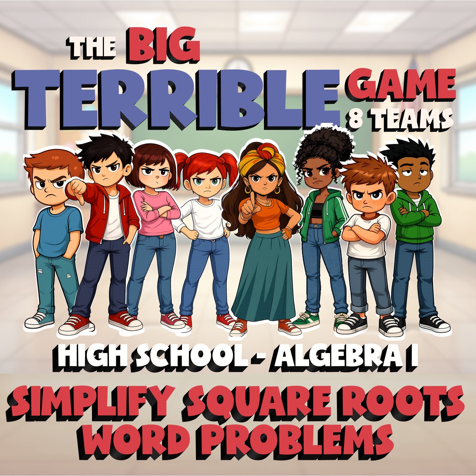 Simplify Square Roots Word Problems BIG TERRIBLE GAME - No Prep Algebra 1 Review