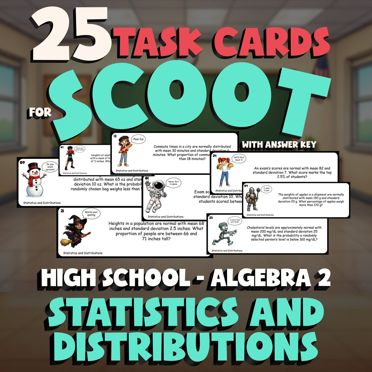 Statistics and Distributions SCOOT TASK CARDS Math Game - No Prep Algebra 2