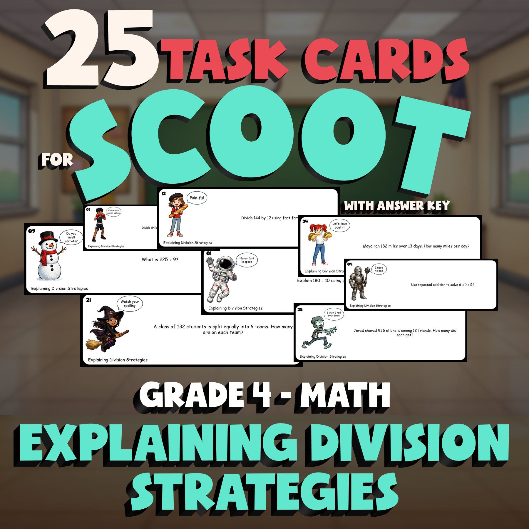 Explaining Division Strategies SCOOT TASK CARDS Math Game - No Prep Grade 4