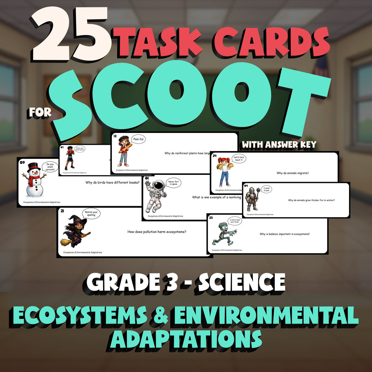 Ecosystems & Environmental Adaptations SCOOT TASK CARDS Science Game - Grade 3
