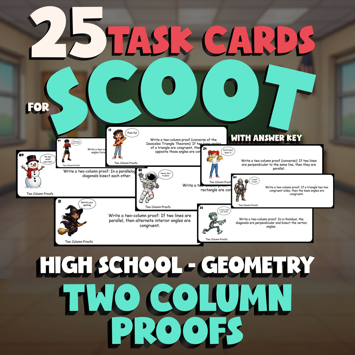 Two Column Proofs SCOOT TASK CARDS Math Game - No Prep Geometry Review Activity