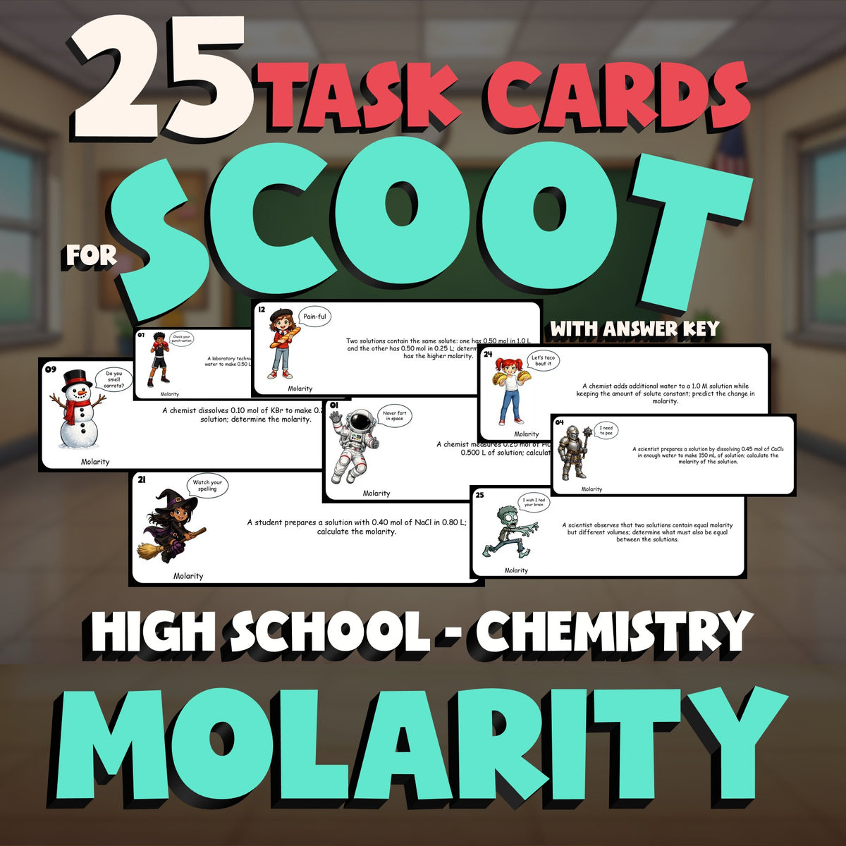 Molarity SCOOT TASK CARDS Science Game - No Prep Chemistry Review Activity