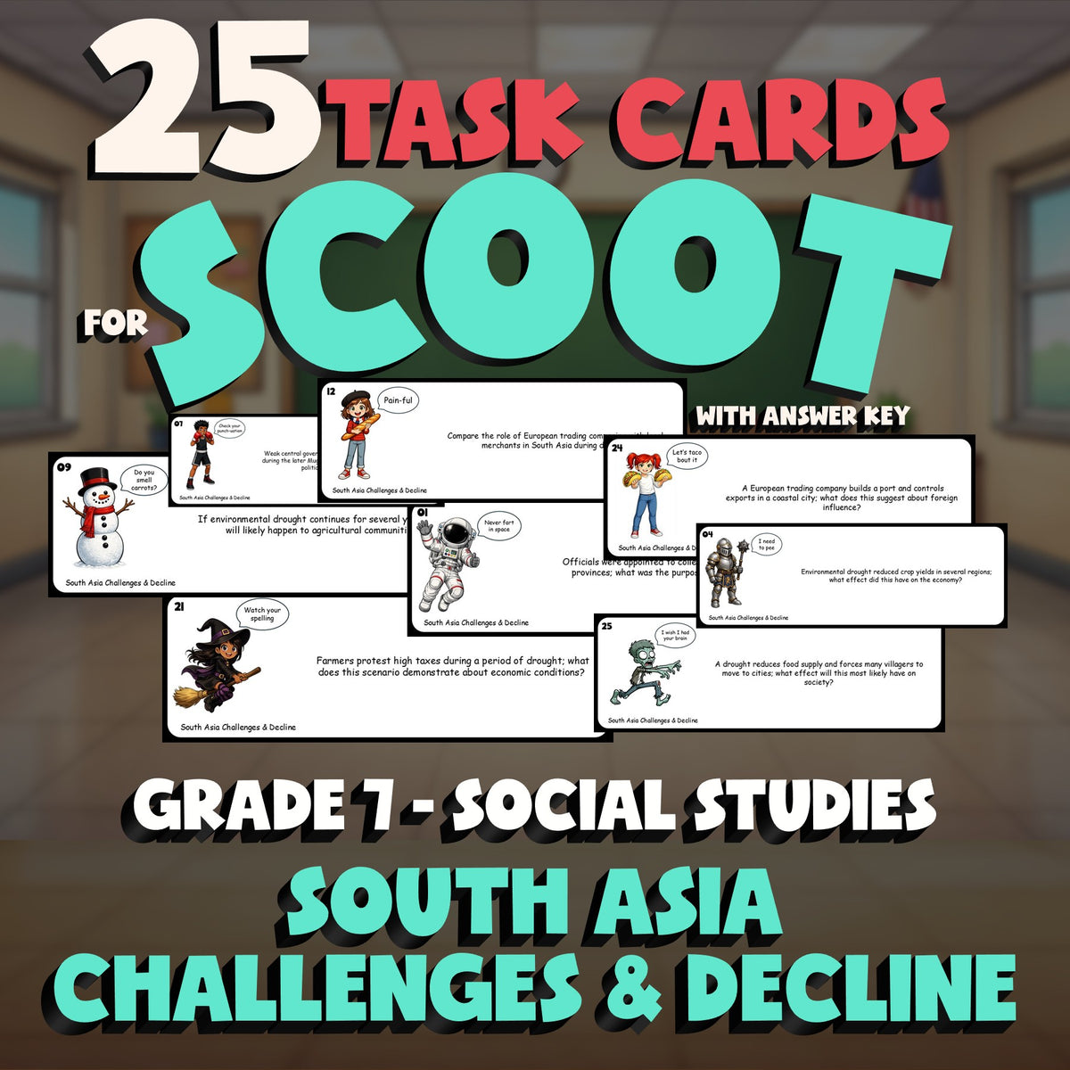 South Asia Challenges & Decline SCOOT TASK CARDS Socials Game - No Prep Grade 7
