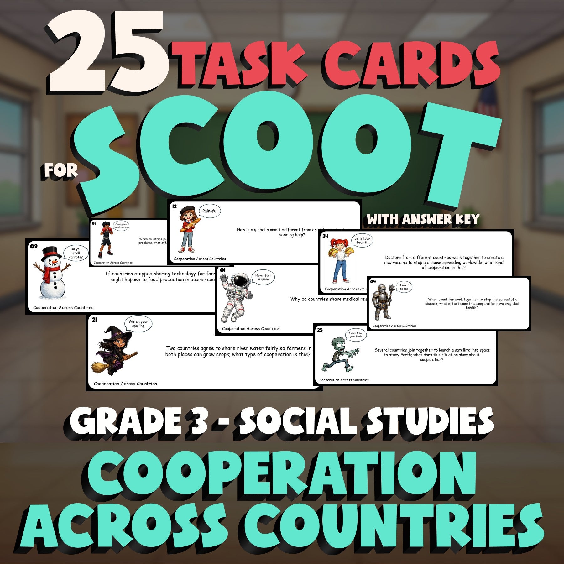 Cooperation Across Countries SCOOT TASK CARDS Socials Game - No Prep Grade 3