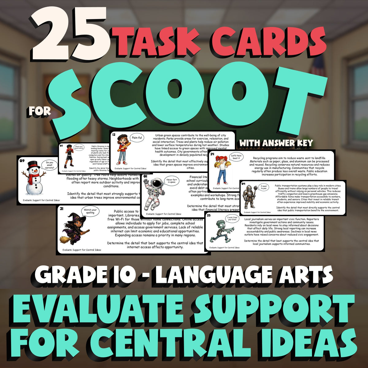 Evaluate Support for Central Ideas SCOOT TASK CARDS ELA Game - No Prep Grade 10