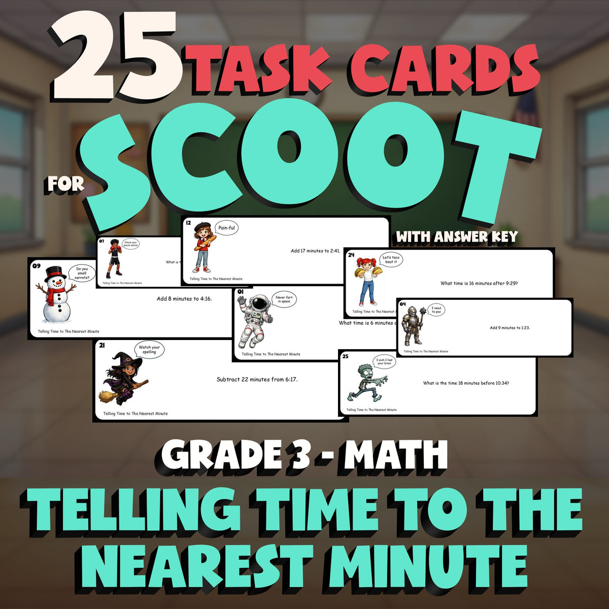 Telling Time to The Nearest Minute SCOOT TASK CARDS Math Game - No Prep Grade 3