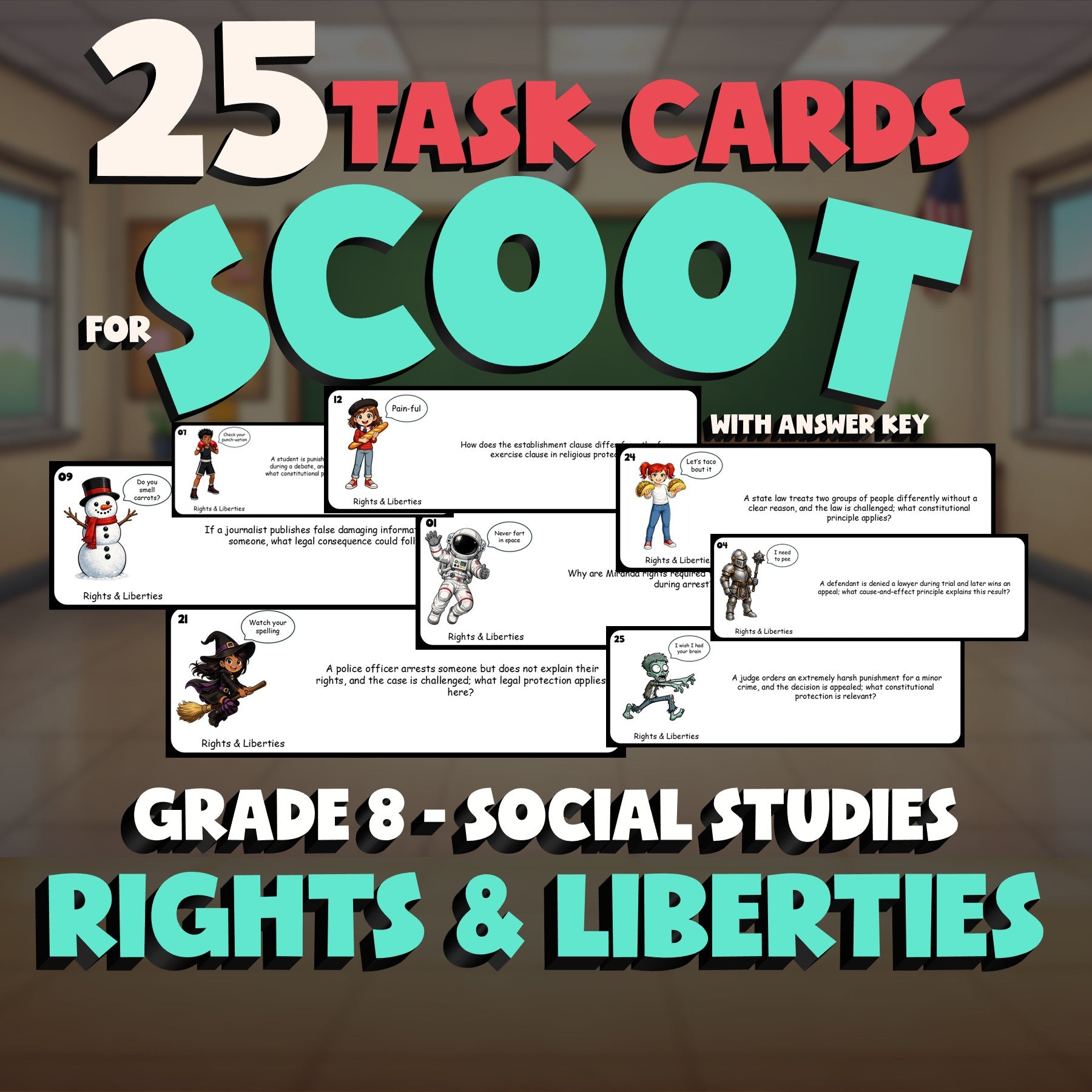 Rights & Liberties SCOOT TASK CARDS Socials Game - No Prep Grade 8 Review