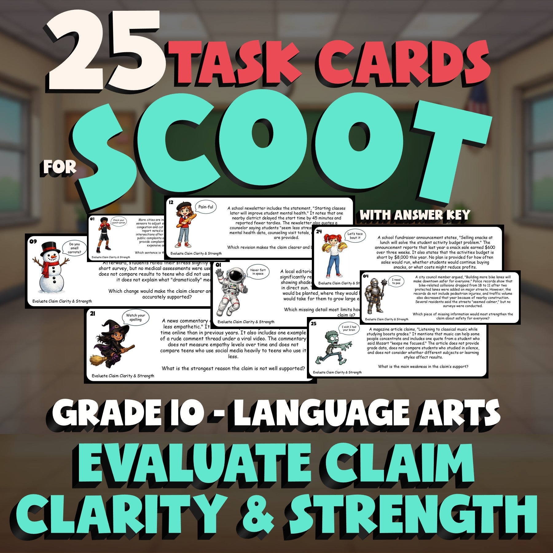 Evaluate Claim Clarity & Strength SCOOT TASK CARDS ELA Game - No Prep Grade 10
