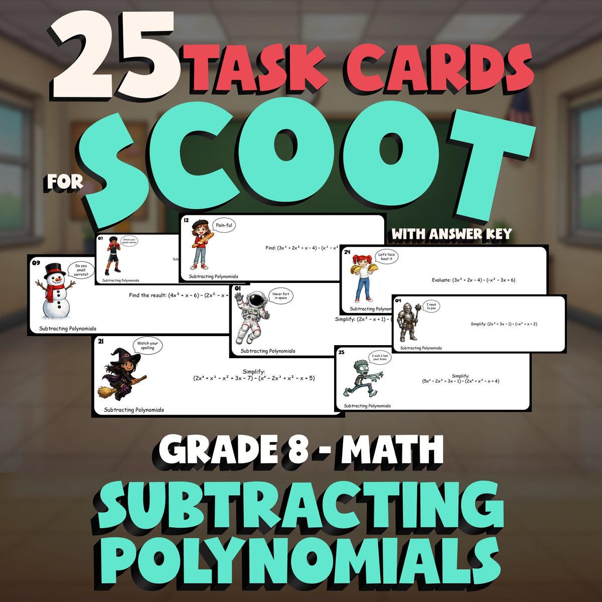 Subtracting Polynomials SCOOT TASK CARDS Math Game - No Prep Grade 8 Review