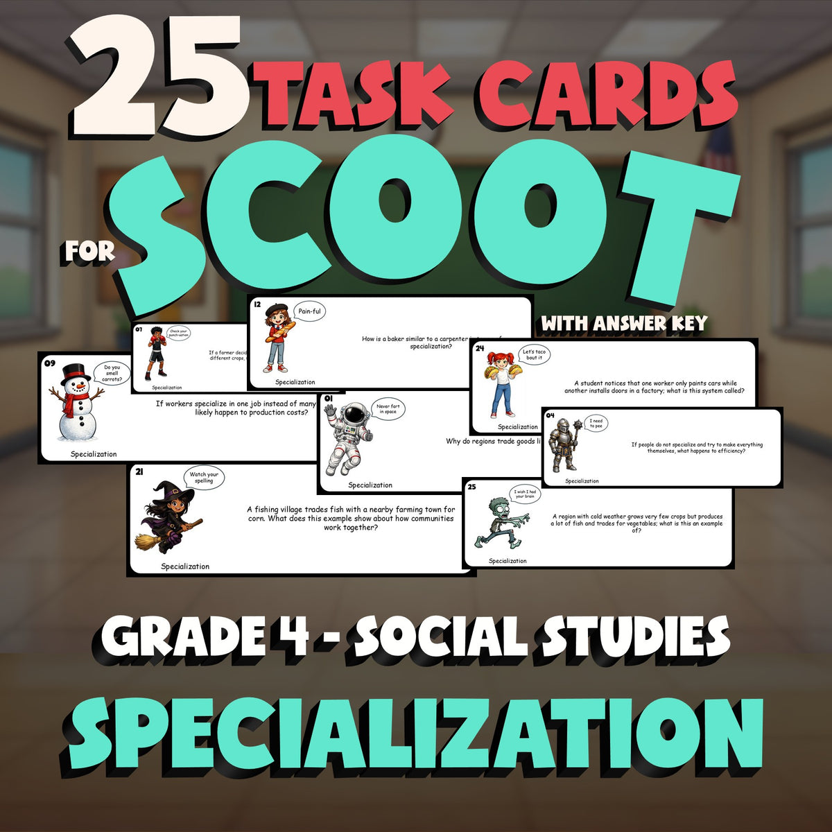 Specialization SCOOT TASK CARDS Socials Game - No Prep Grade 4 Review Activity