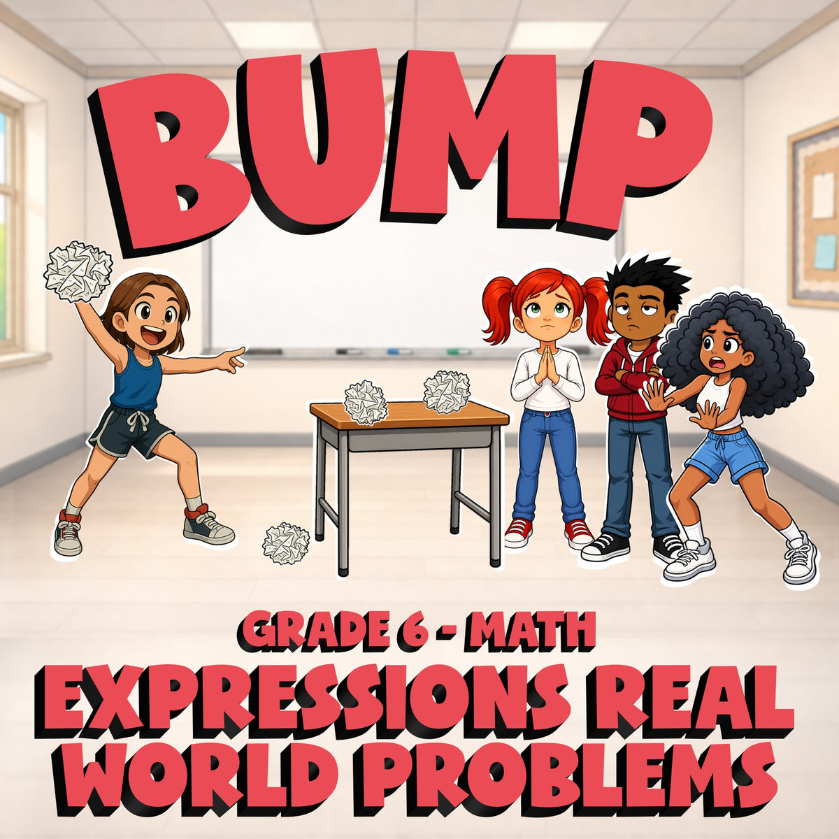 Expressions Real World Problems BUMP Math Game - No Prep Grade 6 Review Activity