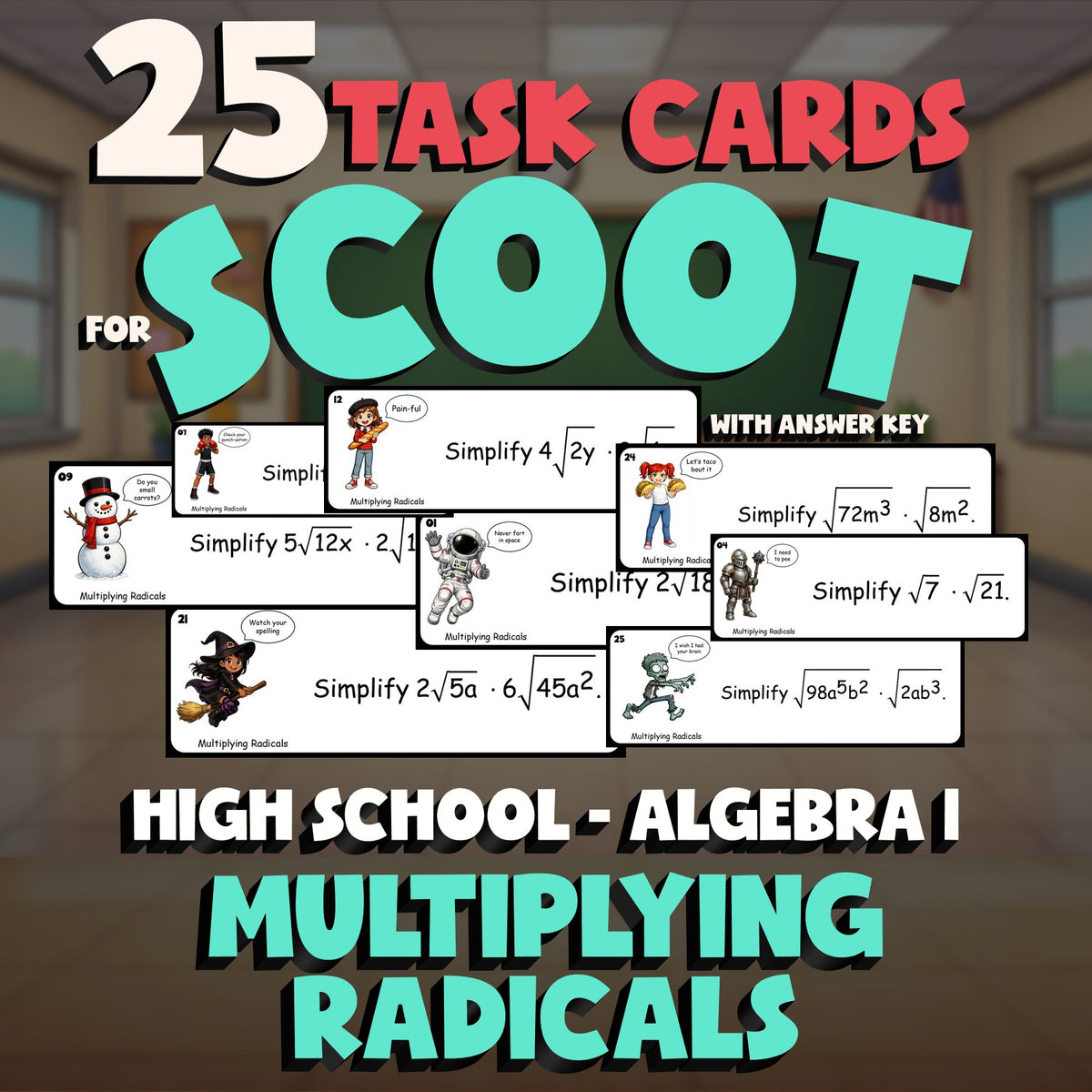 Multiplying Radicals SCOOT TASK CARDS Math Game - No Prep Algebra 1 Review