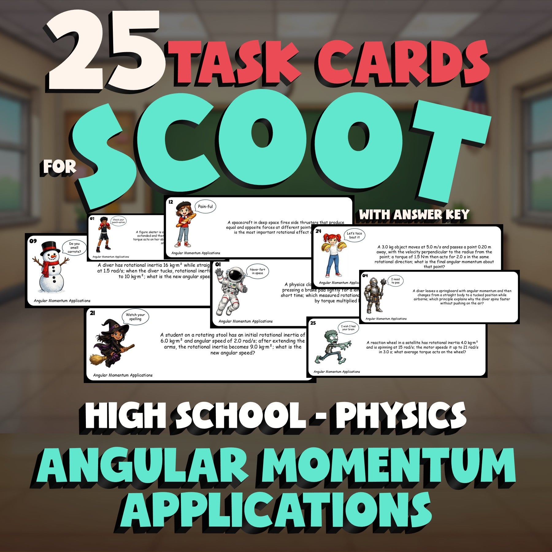 Angular Momentum Applications SCOOT TASK CARDS Science Game - No Prep Physics