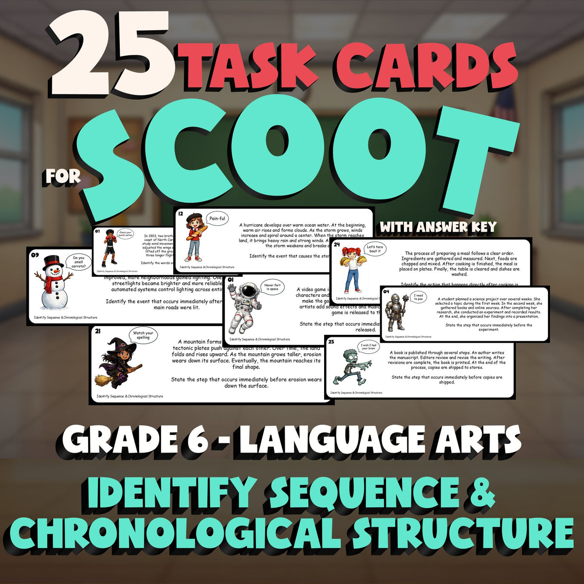 Identify Sequence & Chronological Structure SCOOT TASK CARDS ELA Game - Grade 6