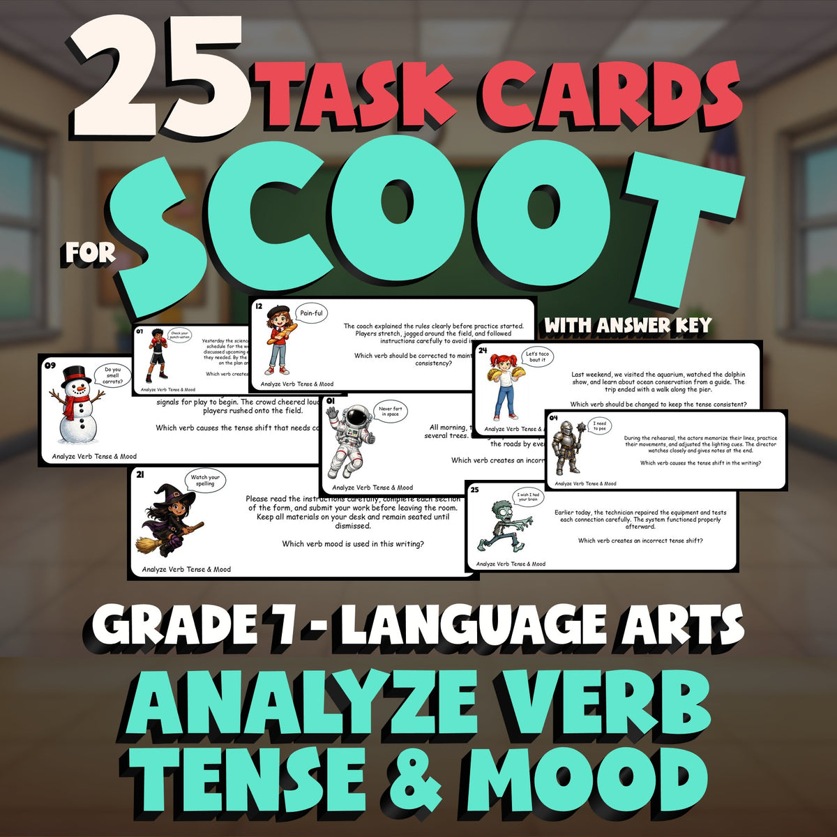 Analyze Verb Tense & Mood SCOOT TASK CARDS ELA Game - No Prep Grade 7 Review