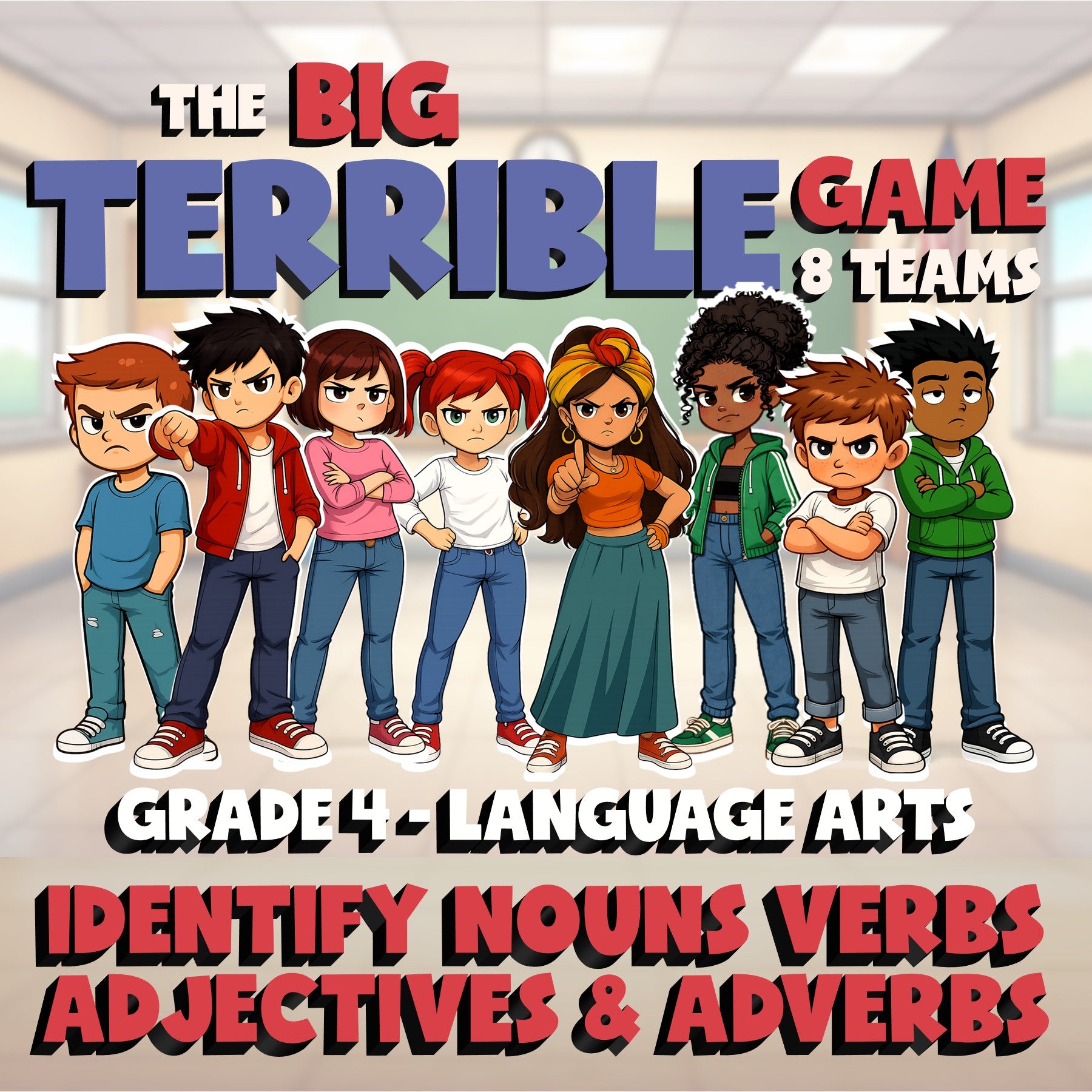 Identify Nouns Verbs Adjectives & Adverbs BIG TERRIBLE GAME - Grade 4 ELA Review