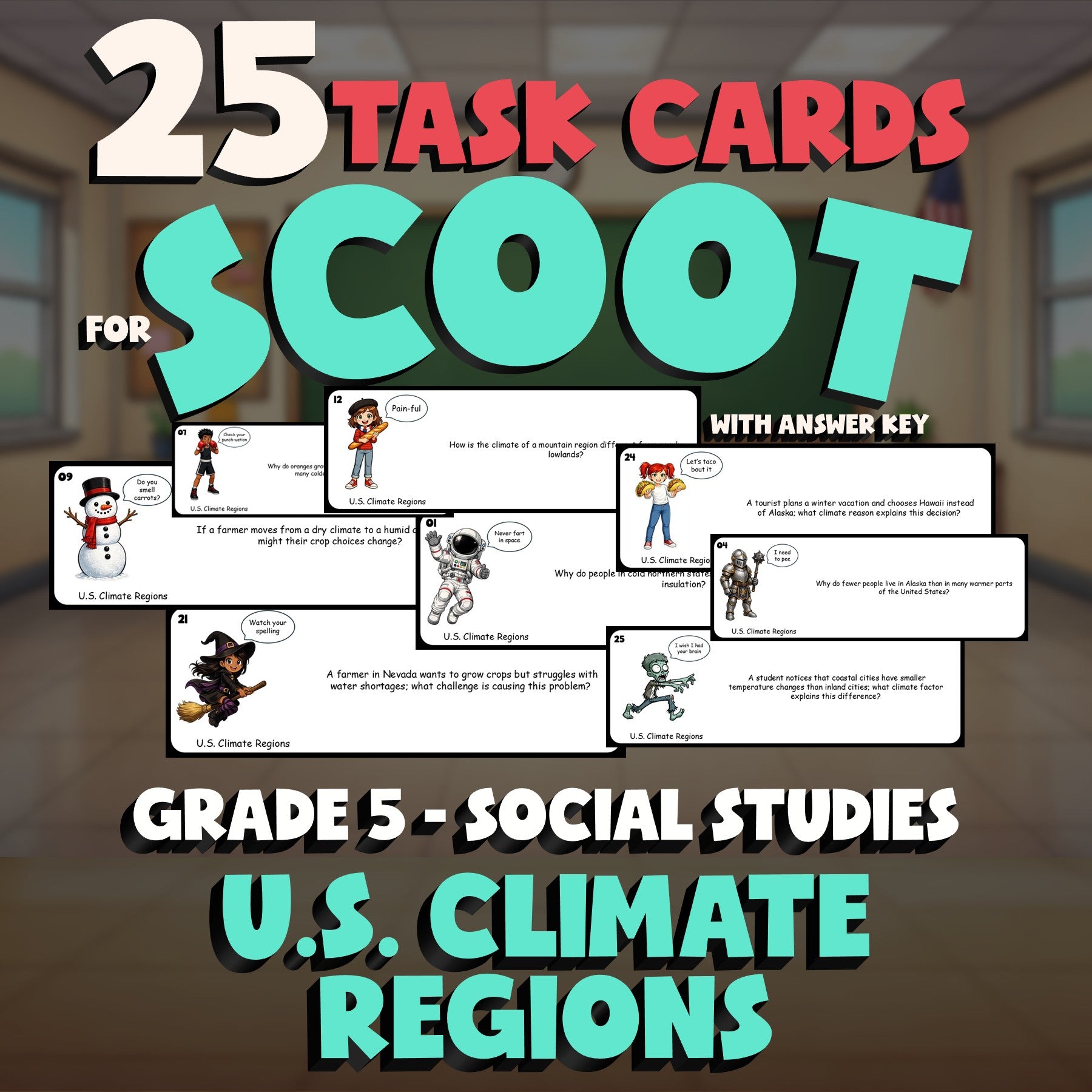 U.S. Climate Regions SCOOT TASK CARDS Socials Game - No Prep Grade 5 Review