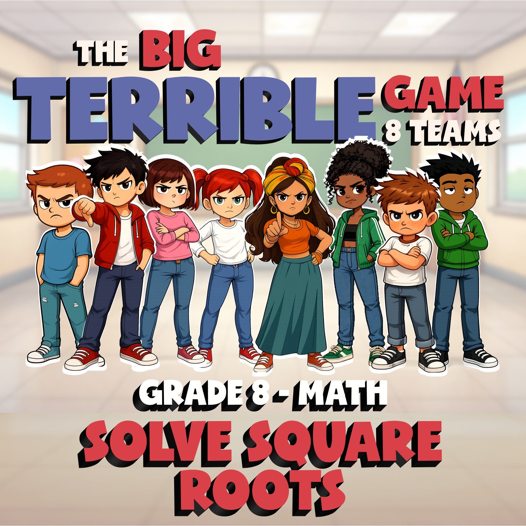 Solve Square Roots BIG TERRIBLE GAME - No Prep Grade 8 Math Review Activity