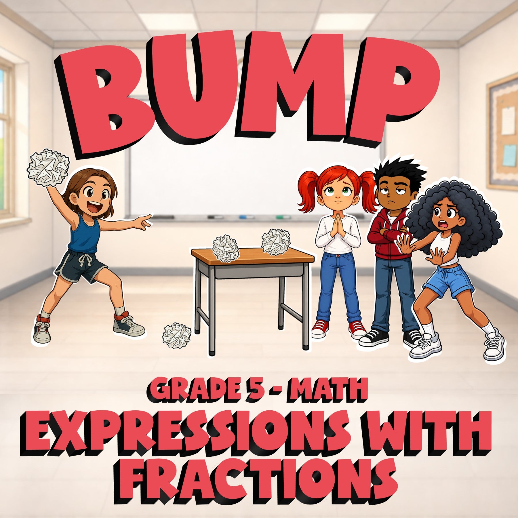 Expressions with Fractions BUMP Math Game - No Prep Grade 5 Review Activity
