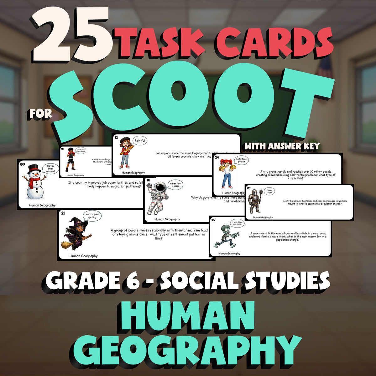 Human Geography SCOOT TASK CARDS Socials Game - No Prep Grade 6 Review Activity