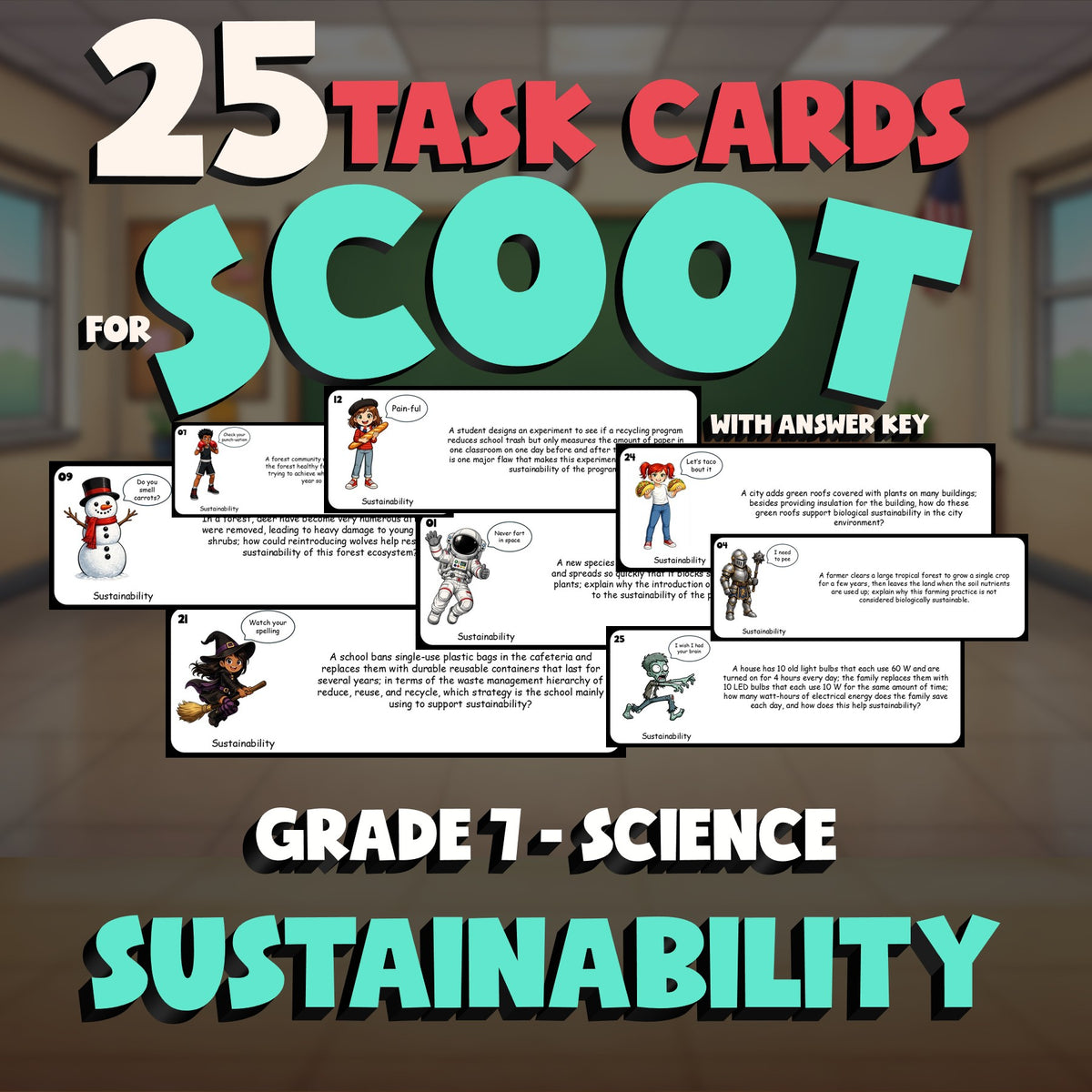 Sustainability SCOOT TASK CARDS Science Game - No Prep Grade 7 Review Activity