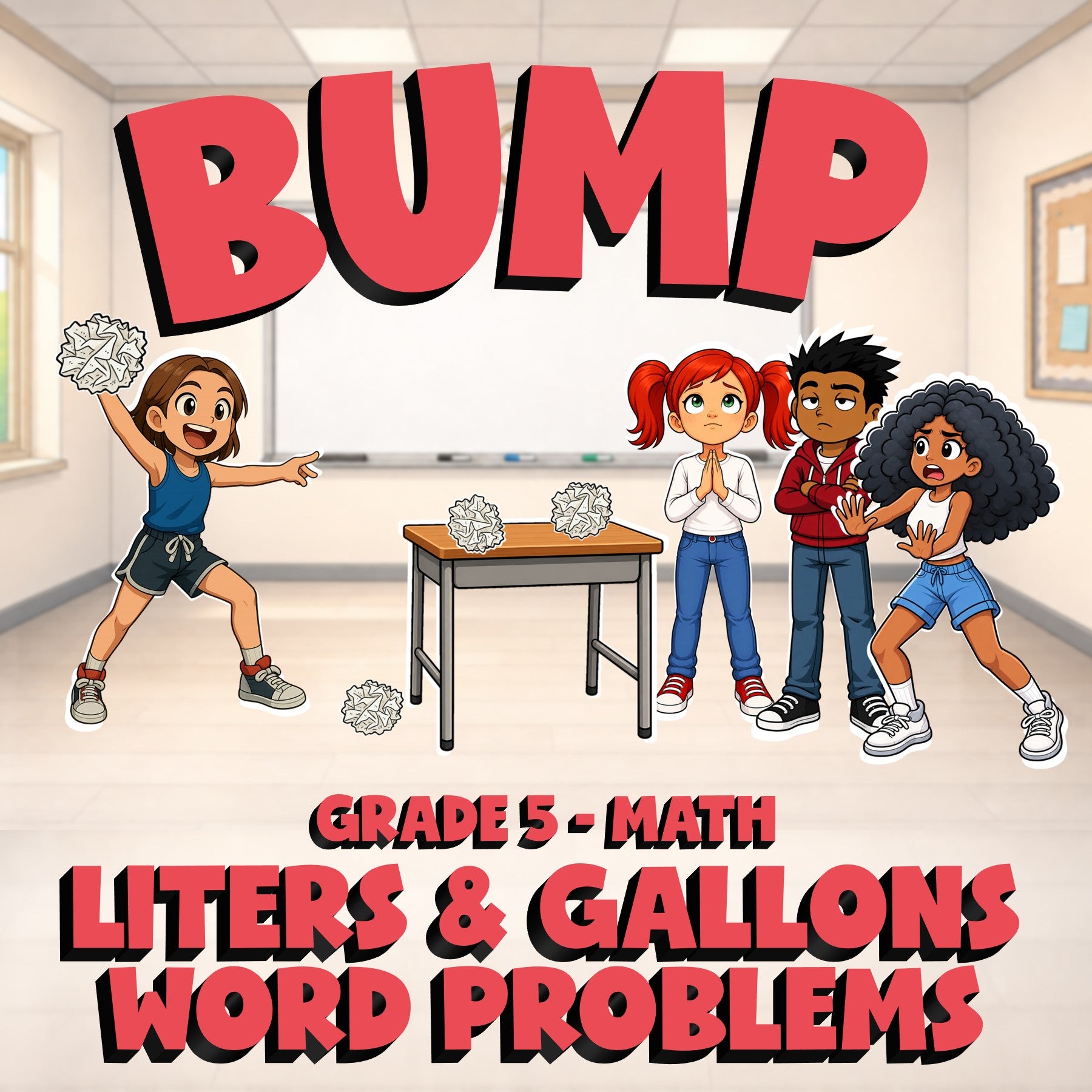 Liters & Gallons Word Problems BUMP Math Game - No Prep Grade 5 Review Activity